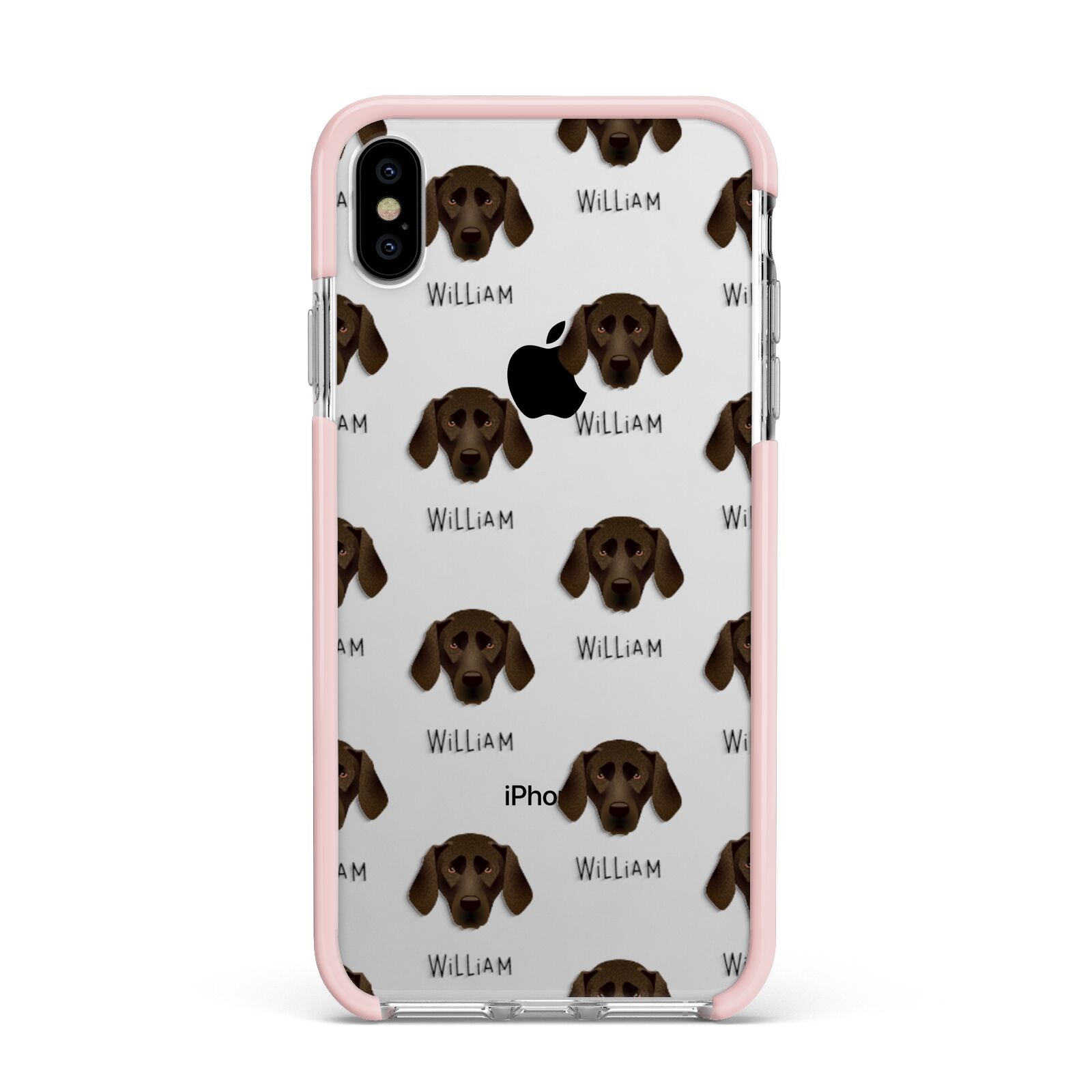 Plott Hound Icon with Name Apple iPhone Xs Max Impact Case Pink Edge on Silver Phone