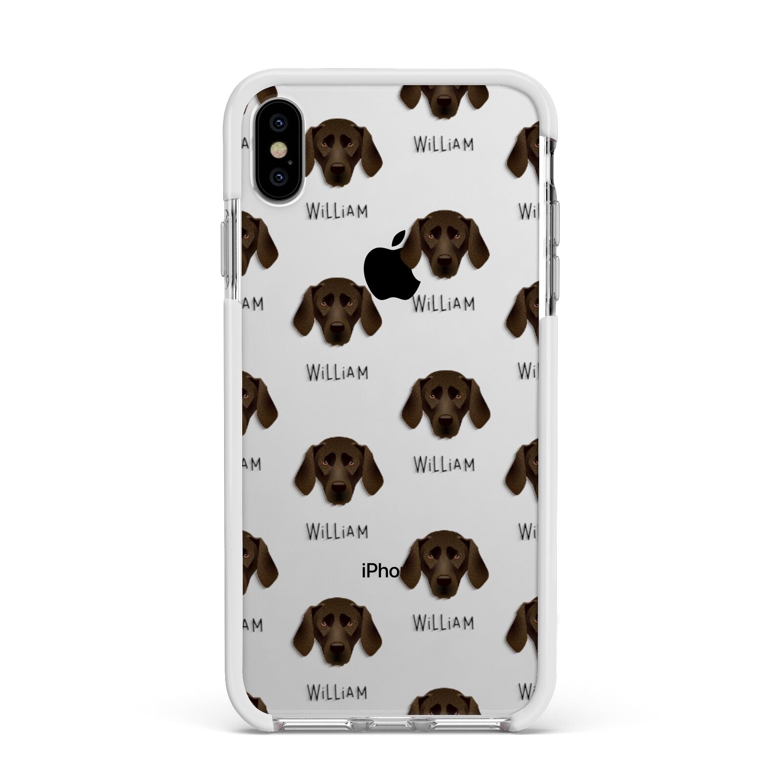 Plott Hound Icon with Name Apple iPhone Xs Max Impact Case White Edge on Silver Phone