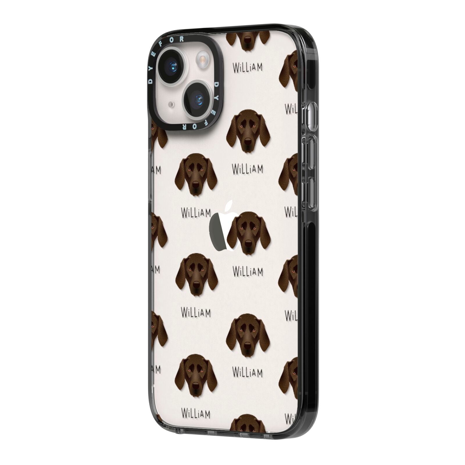 Plott Hound Icon with Name iPhone 14 Black Impact Case Side Angle on Silver phone