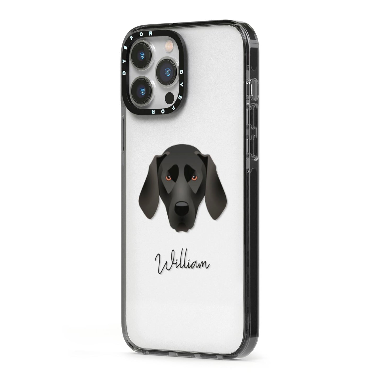 Plott Hound Personalised iPhone 13 Pro Max Black Impact Case Side Angle on Silver phone