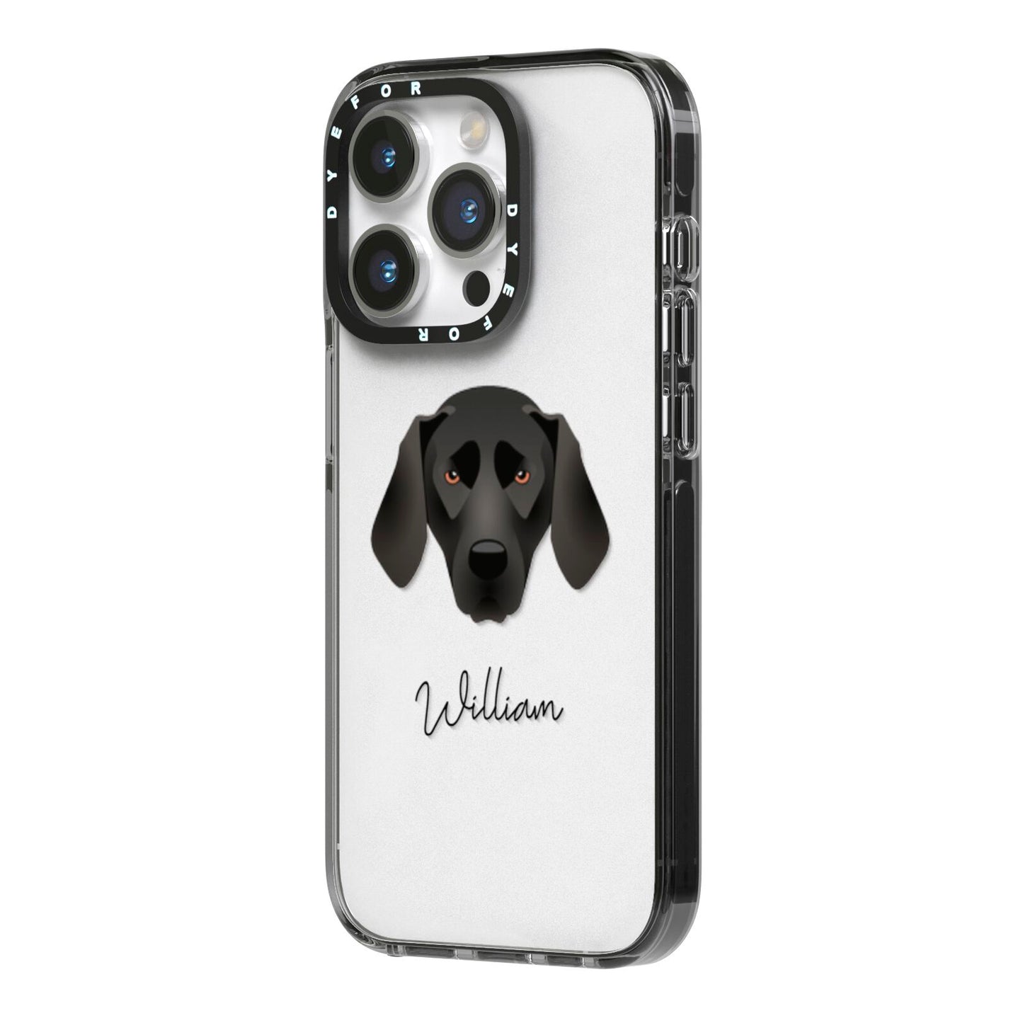 Plott Hound Personalised iPhone 14 Pro Black Impact Case Side Angle on Silver phone