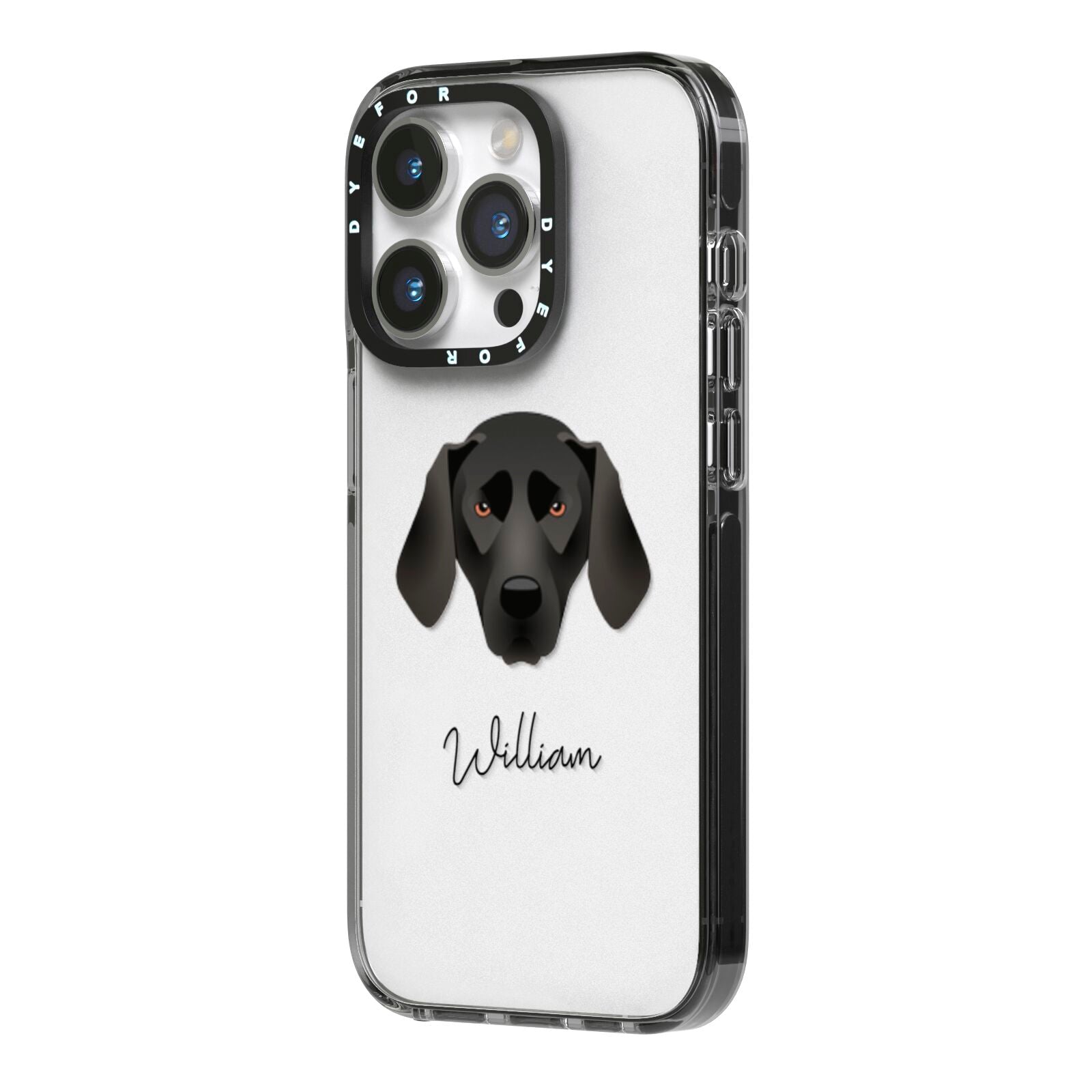 Plott Hound Personalised iPhone 14 Pro Black Impact Case Side Angle on Silver phone