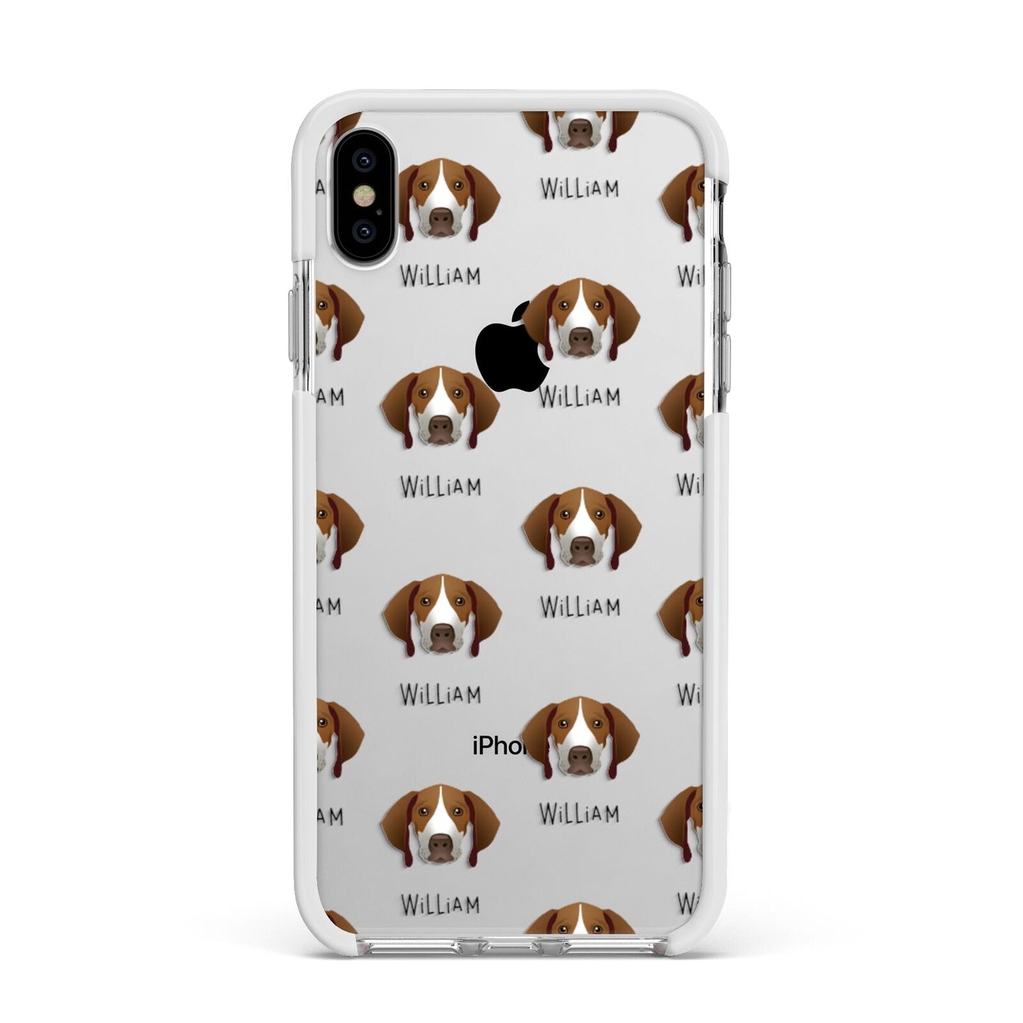 Pointer Icon with Name Apple iPhone Xs Max Impact Case White Edge on Silver Phone