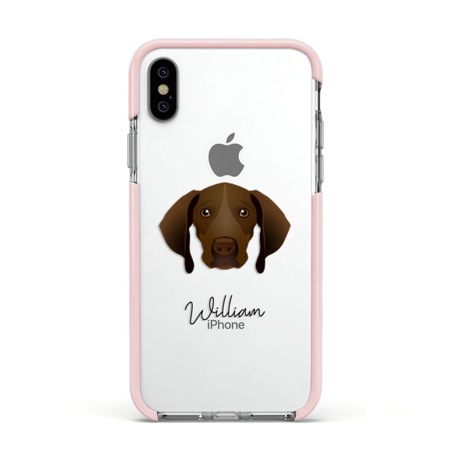 Pointer Personalised Apple iPhone Xs Impact Case Pink Edge on Silver Phone