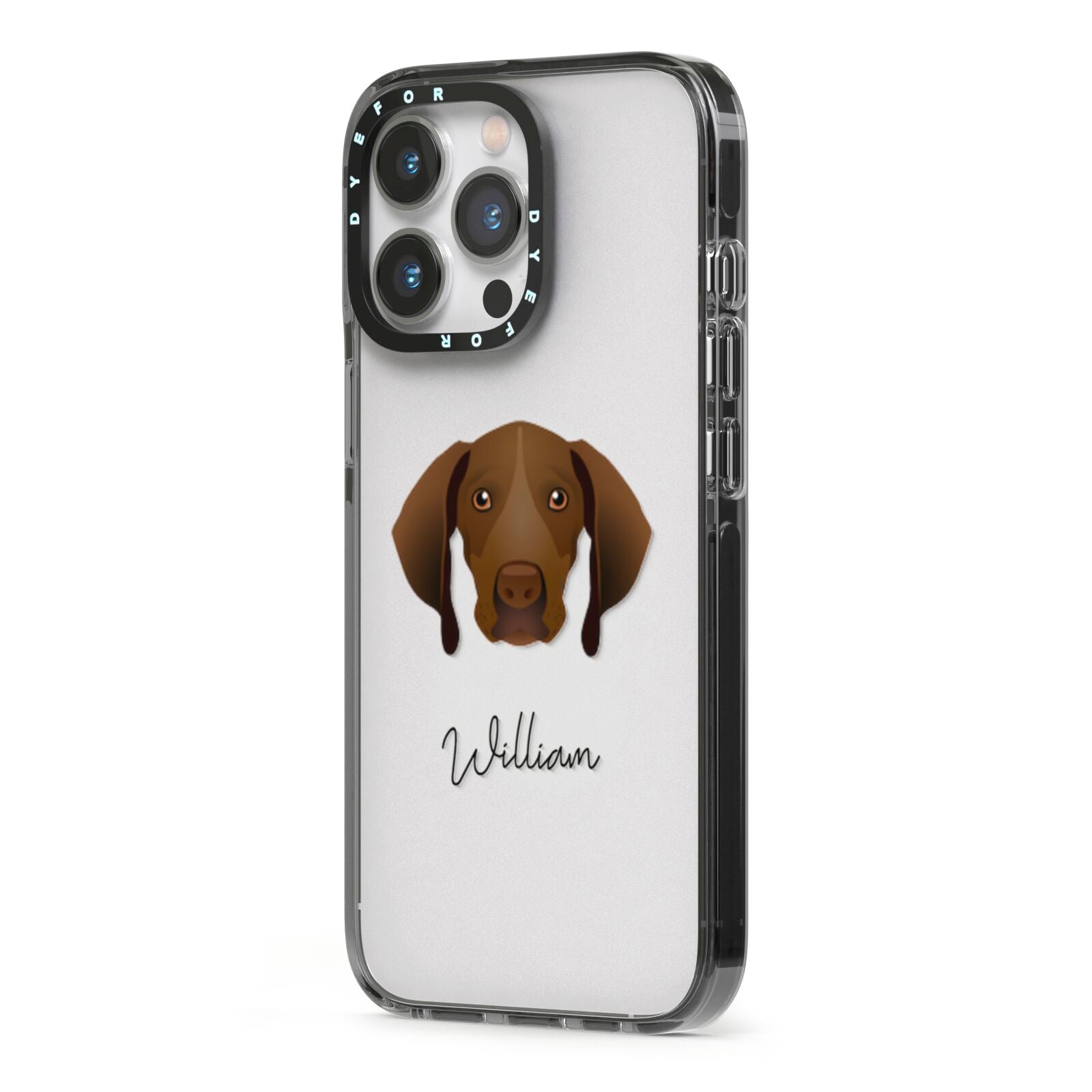 Pointer Personalised iPhone 13 Pro Black Impact Case Side Angle on Silver phone