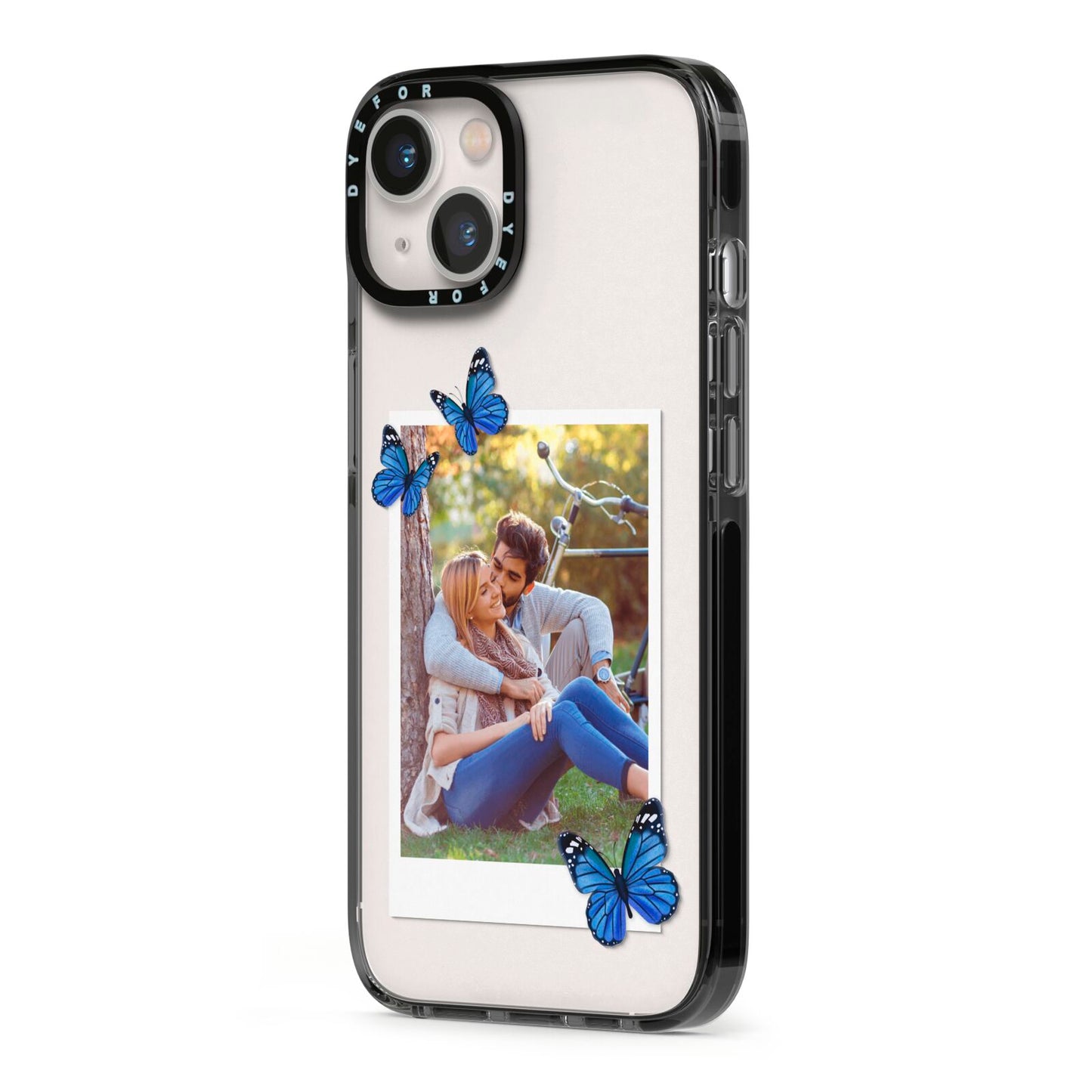 Polaroid Photo iPhone 13 Black Impact Case Side Angle on Silver phone