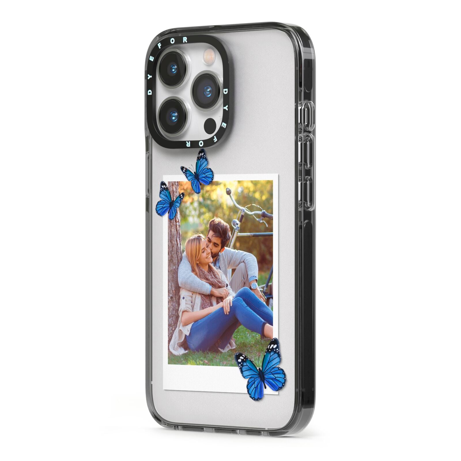 Polaroid Photo iPhone 13 Pro Black Impact Case Side Angle on Silver phone