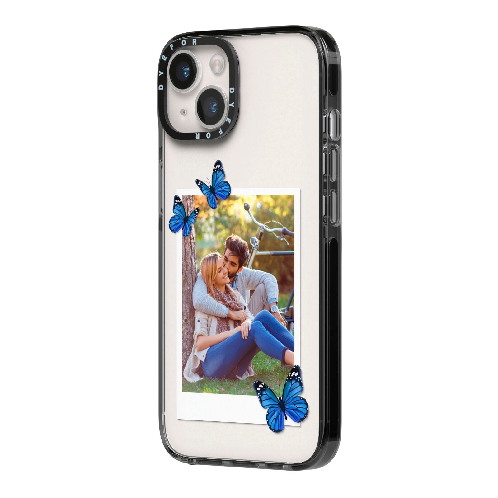 Polaroid Photo iPhone 14 Black Impact Case Side Angle on Silver phone