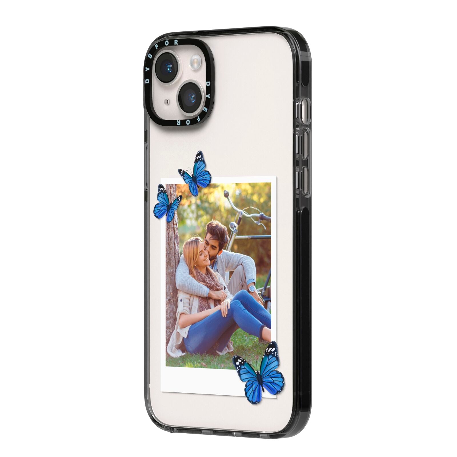 Polaroid Photo iPhone 14 Plus Black Impact Case Side Angle on Silver phone