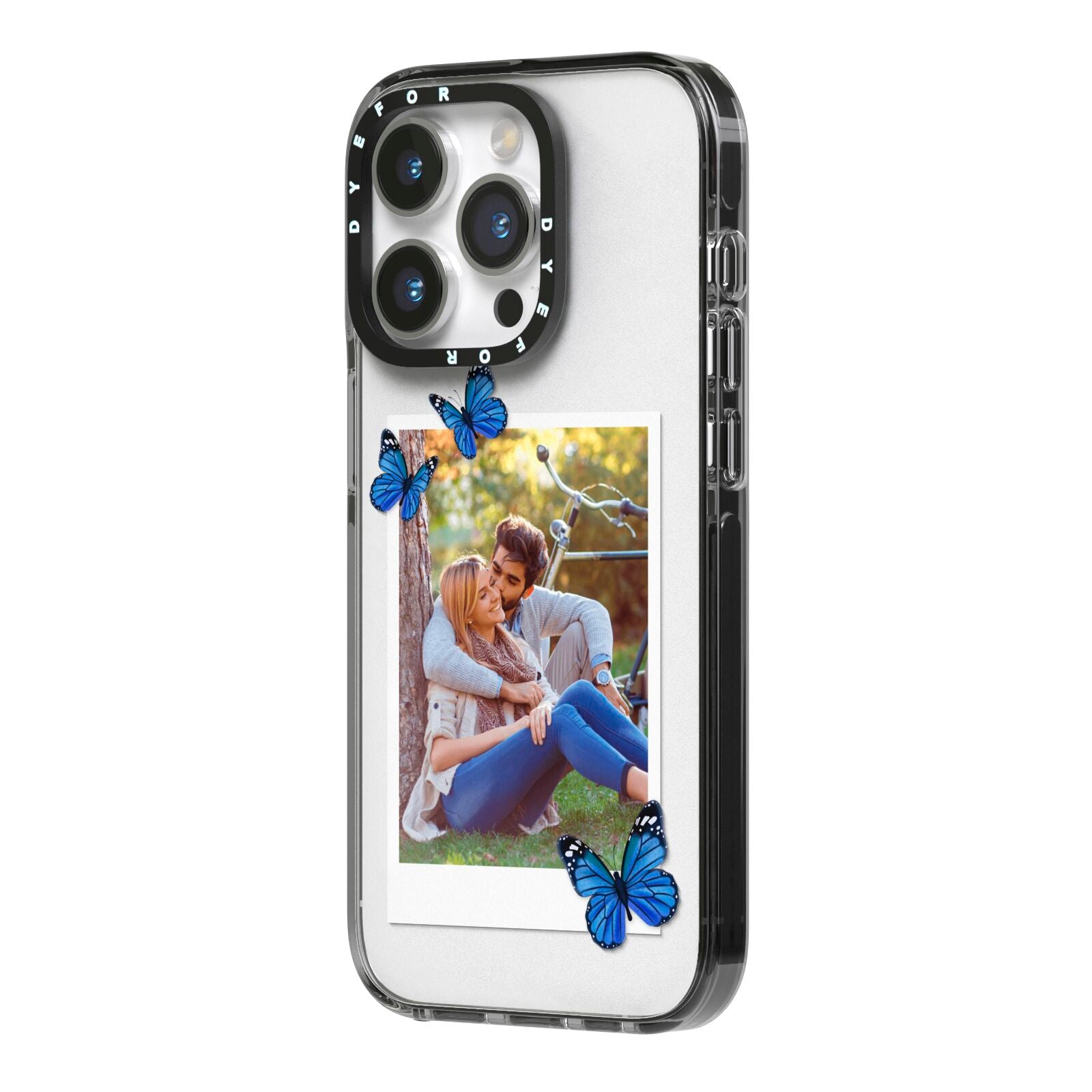 Polaroid Photo iPhone 14 Pro Black Impact Case Side Angle on Silver phone