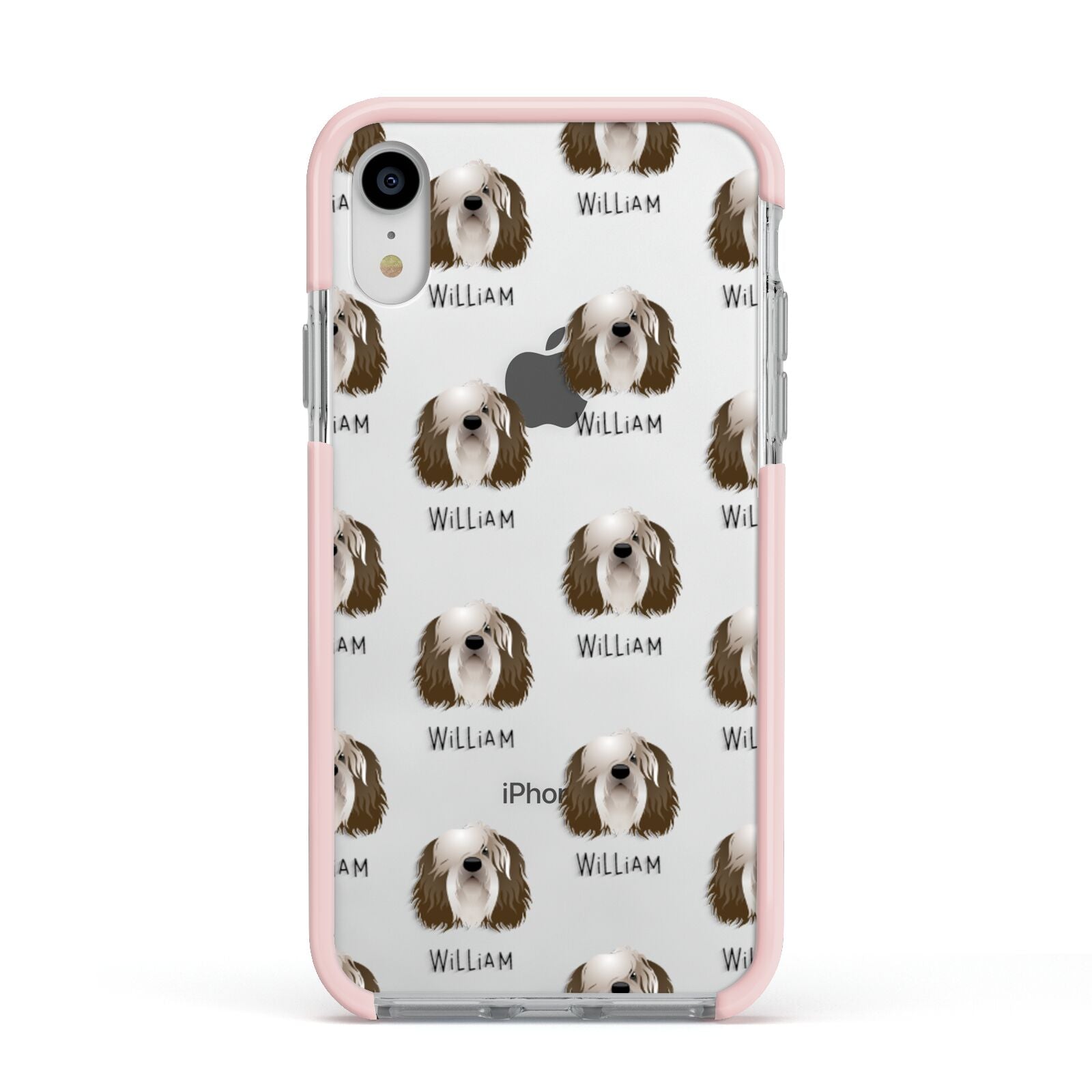 Polish Lowland Sheepdog Icon with Name Apple iPhone XR Impact Case Pink Edge on Silver Phone