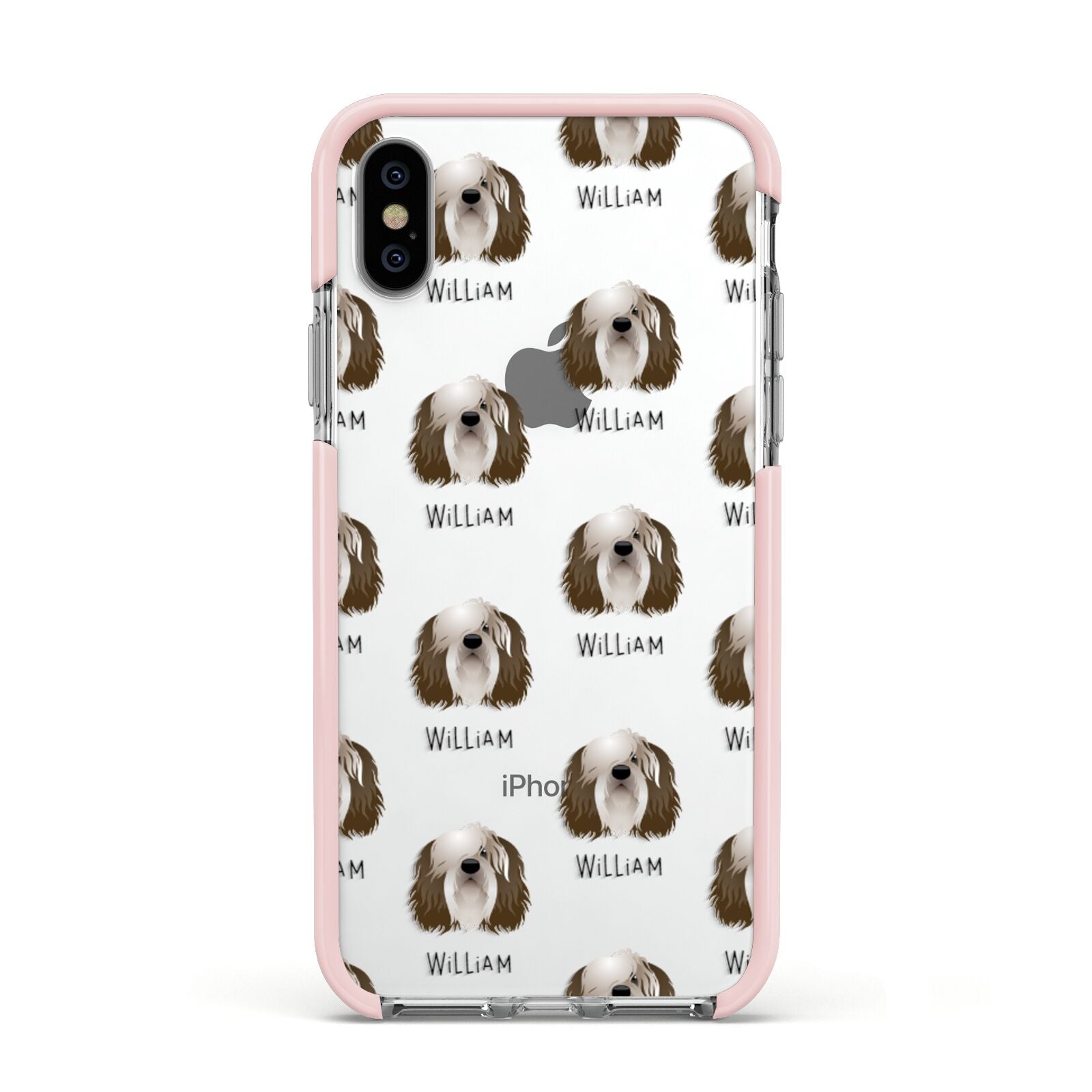 Polish Lowland Sheepdog Icon with Name Apple iPhone Xs Impact Case Pink Edge on Silver Phone
