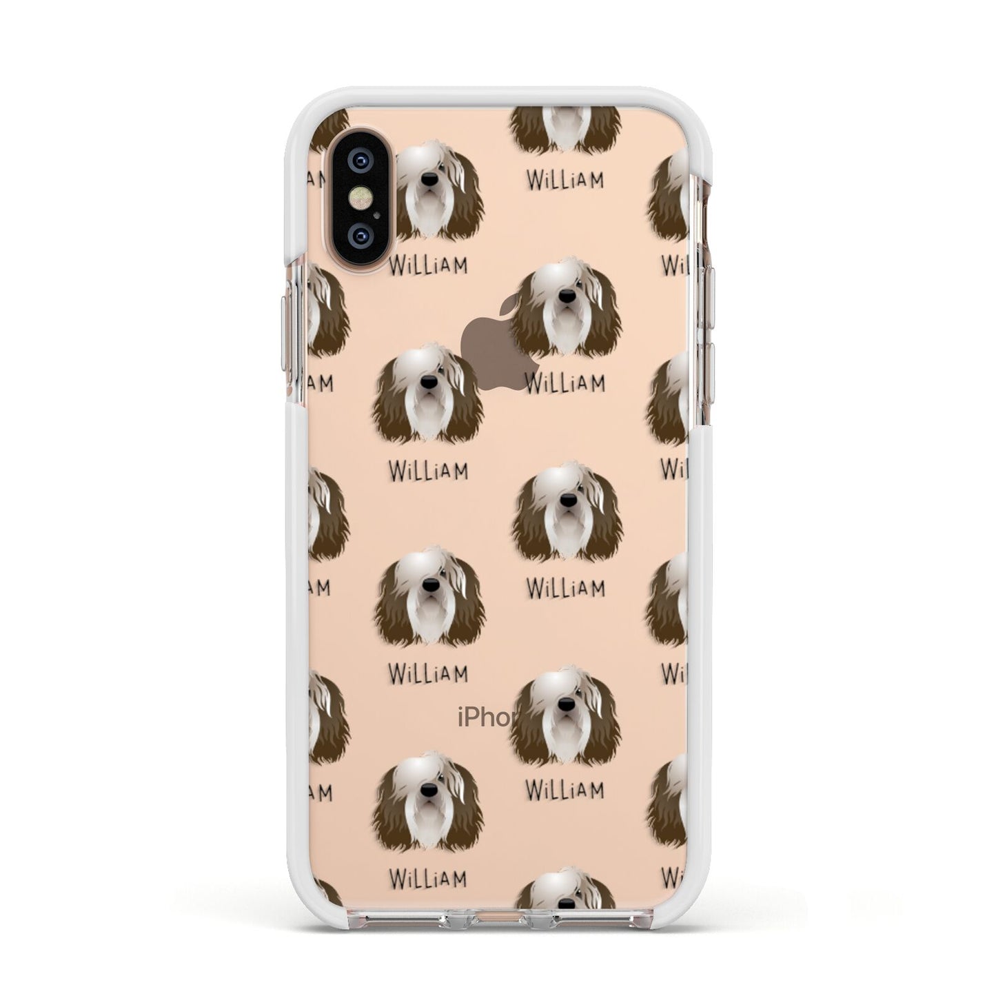 Polish Lowland Sheepdog Icon with Name Apple iPhone Xs Impact Case White Edge on Gold Phone