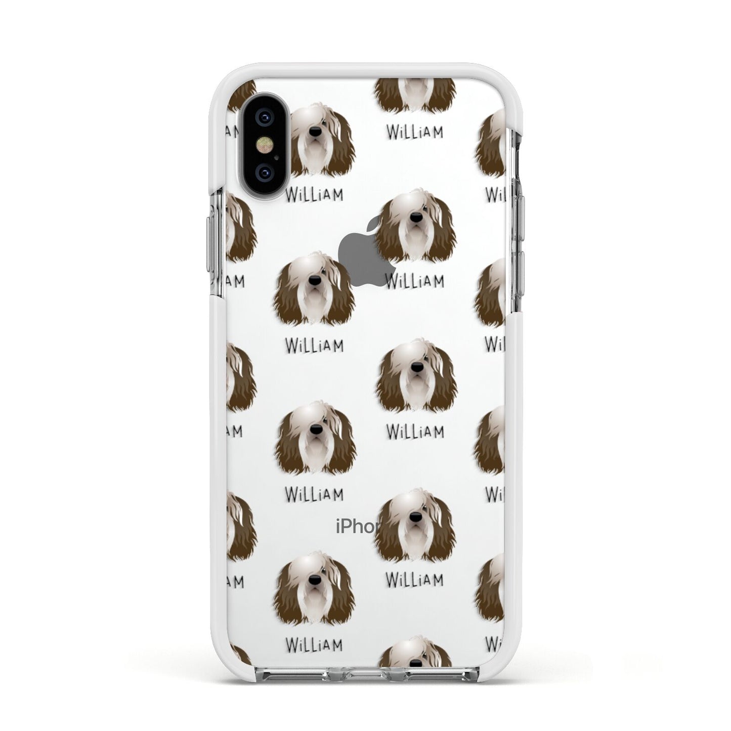 Polish Lowland Sheepdog Icon with Name Apple iPhone Xs Impact Case White Edge on Silver Phone