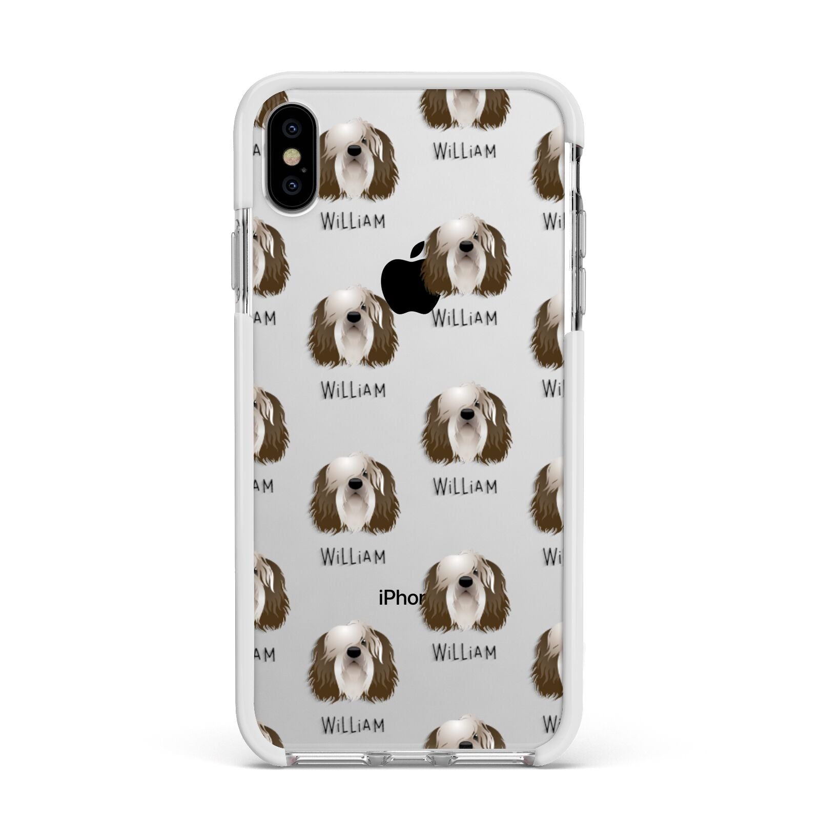 Polish Lowland Sheepdog Icon with Name Apple iPhone Xs Max Impact Case White Edge on Silver Phone