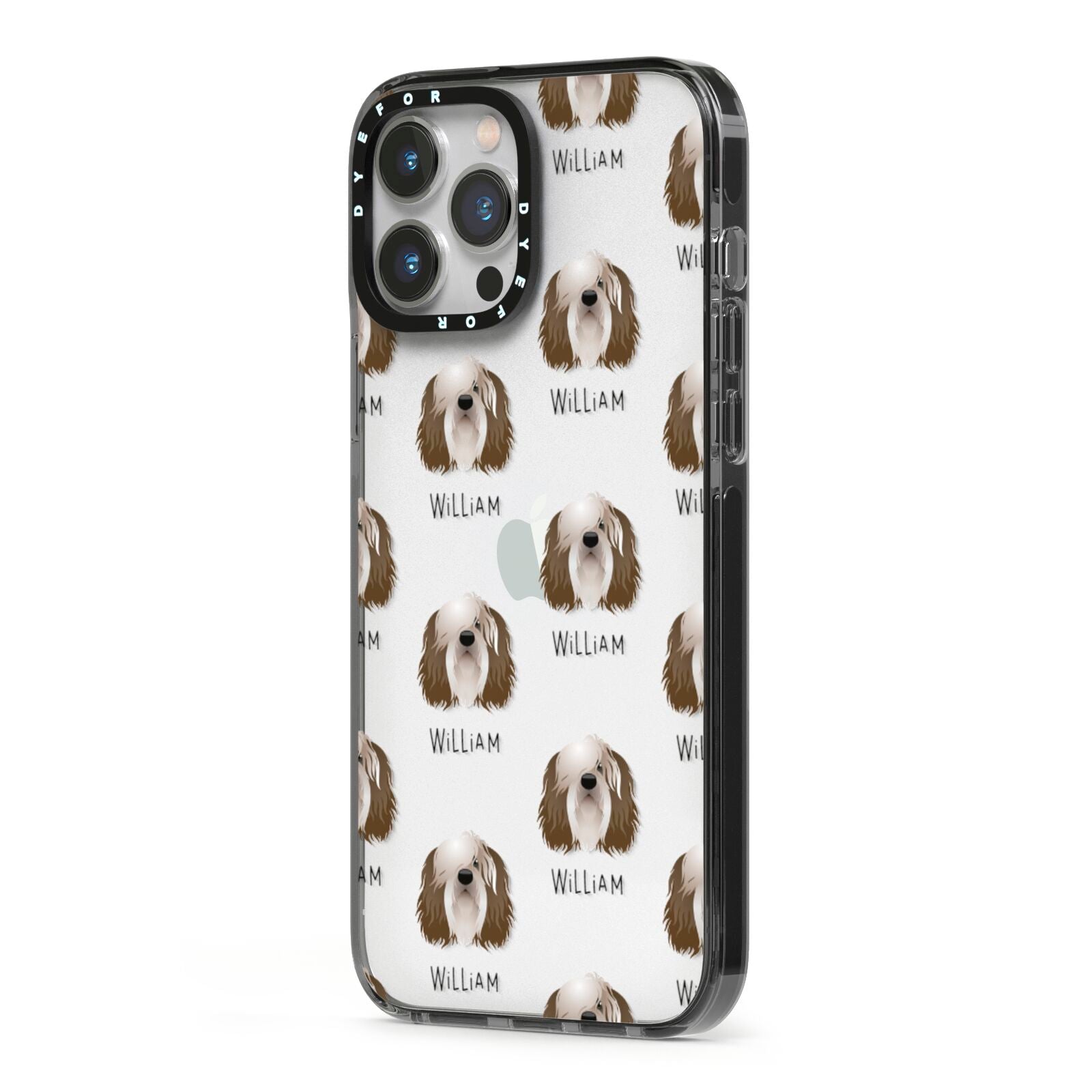 Polish Lowland Sheepdog Icon with Name iPhone 13 Pro Max Black Impact Case Side Angle on Silver phone