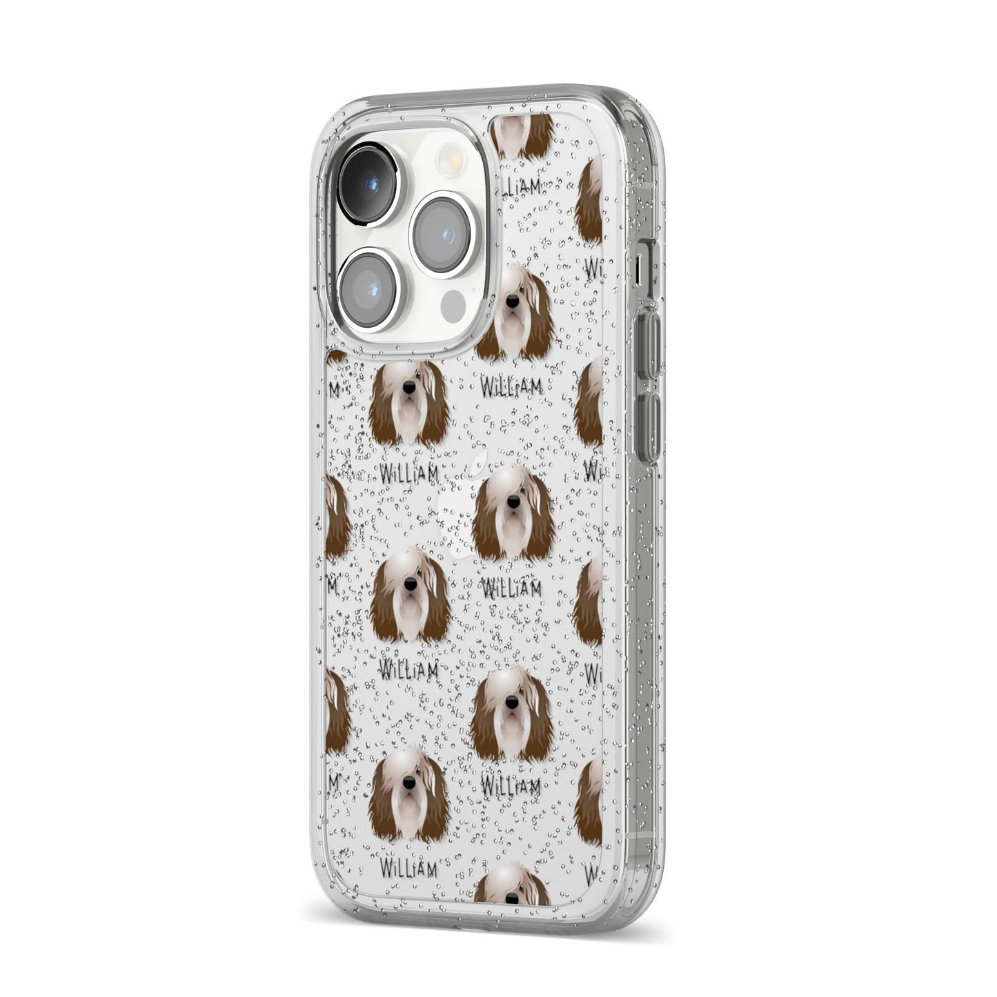 Polish Lowland Sheepdog Icon with Name iPhone 14 Pro Glitter Tough Case Silver Angled Image