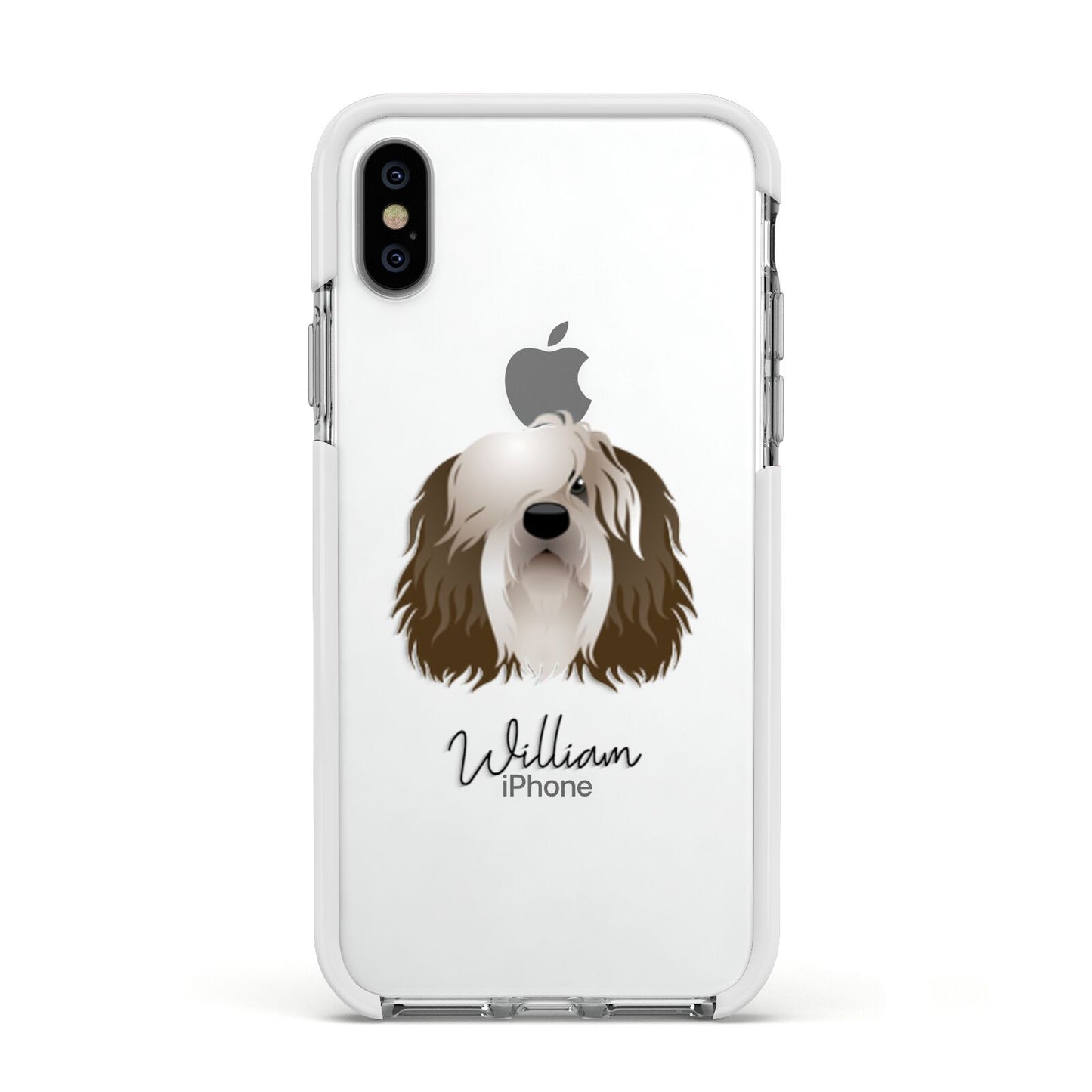 Polish Lowland Sheepdog Personalised Apple iPhone Xs Impact Case White Edge on Silver Phone