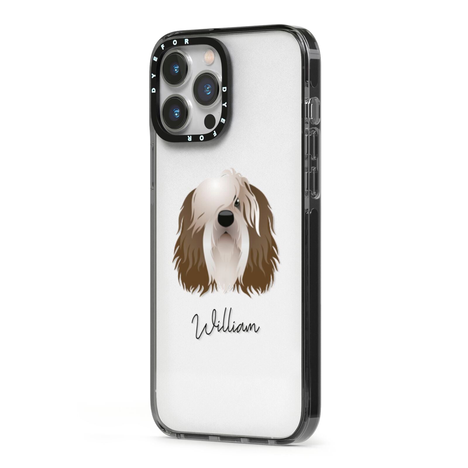 Polish Lowland Sheepdog Personalised iPhone 13 Pro Max Black Impact Case Side Angle on Silver phone