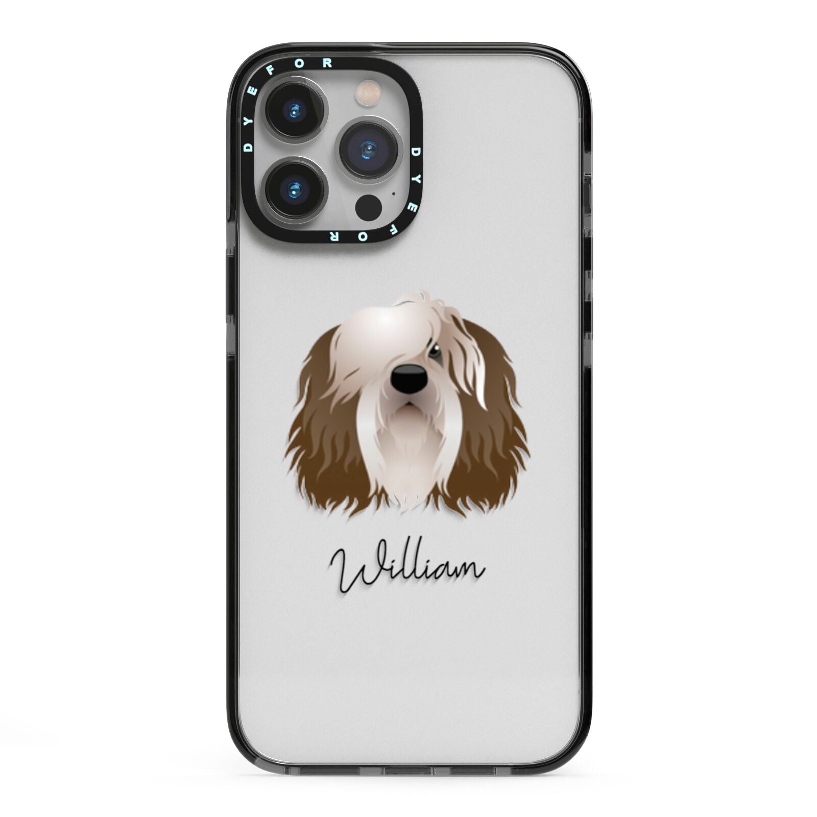 Polish Lowland Sheepdog Personalised iPhone 13 Pro Max Black Impact Case on Silver phone