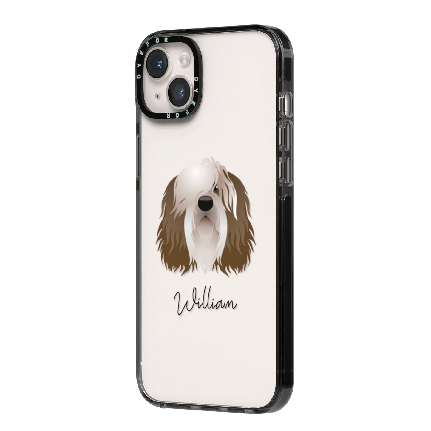 Polish Lowland Sheepdog Personalised iPhone 14 Plus Black Impact Case Side Angle on Silver phone