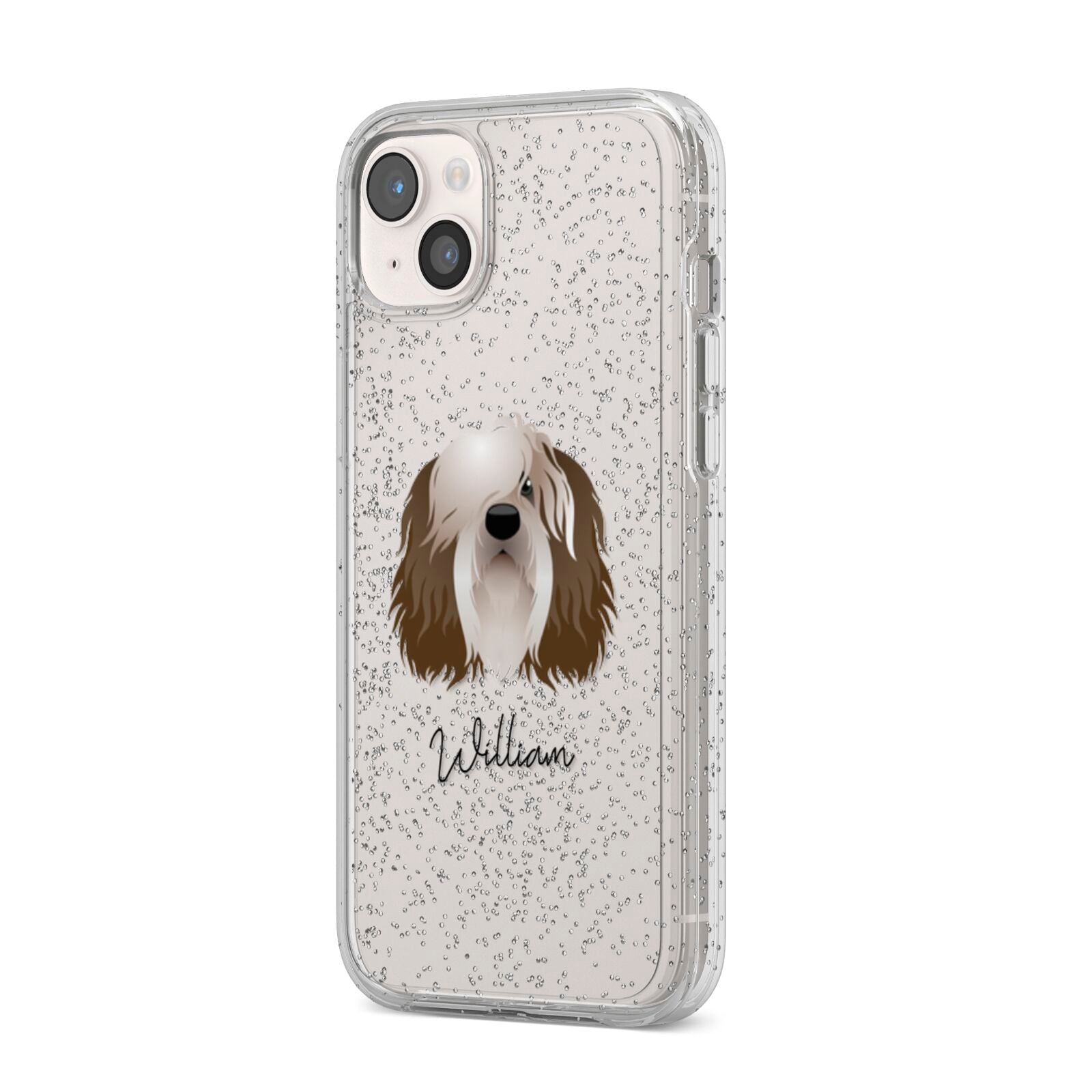 Polish Lowland Sheepdog Personalised iPhone 14 Plus Glitter Tough Case Starlight Angled Image