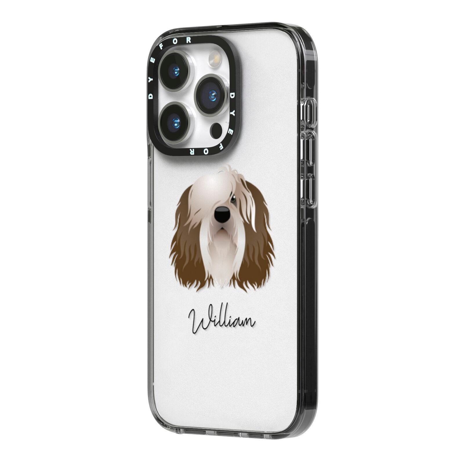 Polish Lowland Sheepdog Personalised iPhone 14 Pro Black Impact Case Side Angle on Silver phone