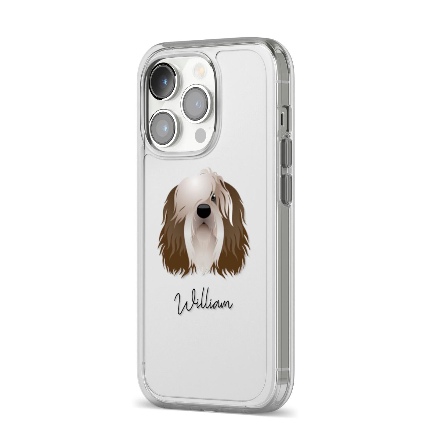 Polish Lowland Sheepdog Personalised iPhone 14 Pro Clear Tough Case Silver Angled Image