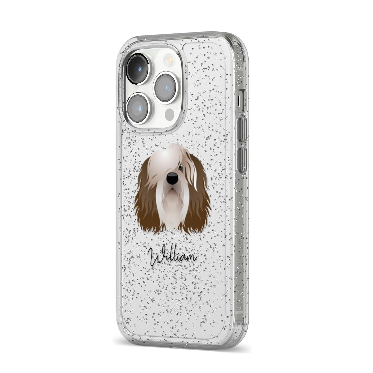 Polish Lowland Sheepdog Personalised iPhone 14 Pro Glitter Tough Case Silver Angled Image