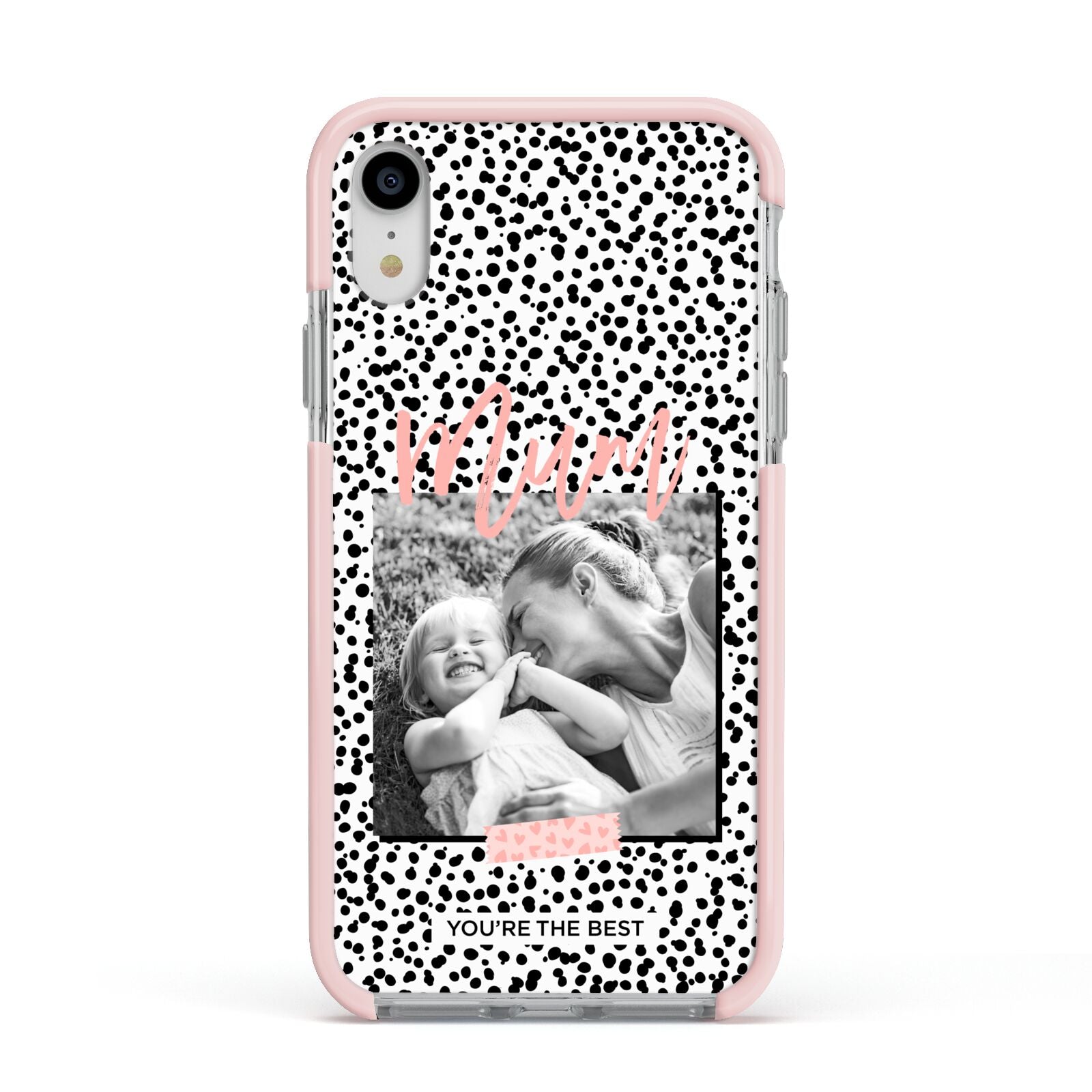 Polka Dot Mum Apple iPhone XR Impact Case Pink Edge on Silver Phone