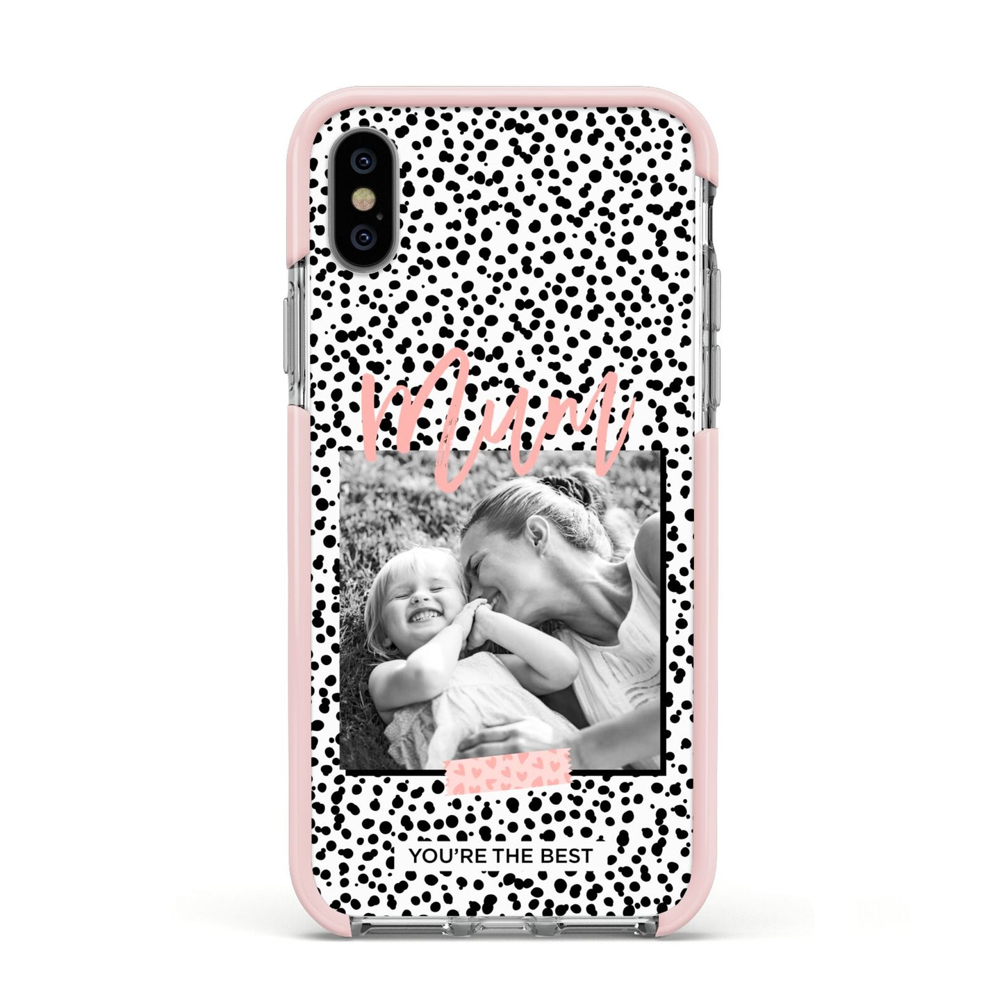Polka Dot Mum Apple iPhone Xs Impact Case Pink Edge on Silver Phone