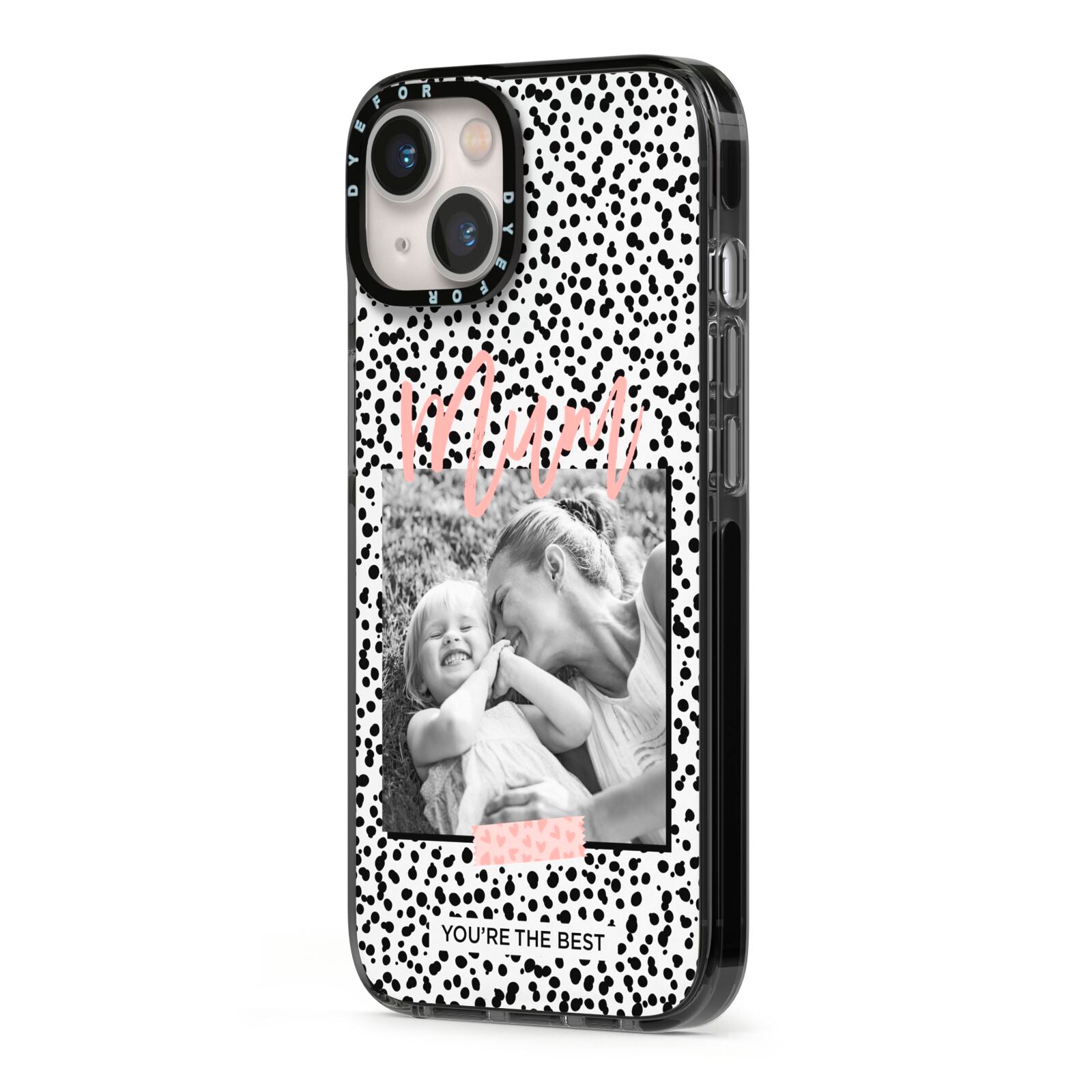 Polka Dot Mum iPhone 13 Black Impact Case Side Angle on Silver phone