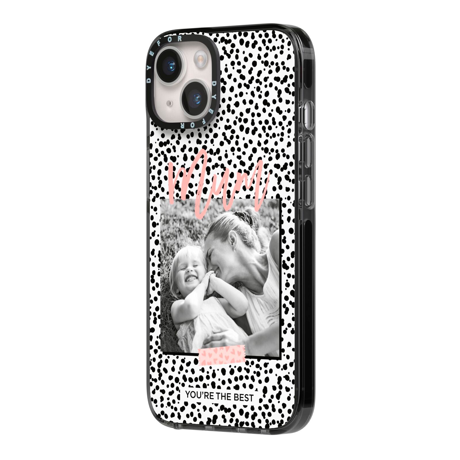 Polka Dot Mum iPhone 14 Black Impact Case Side Angle on Silver phone