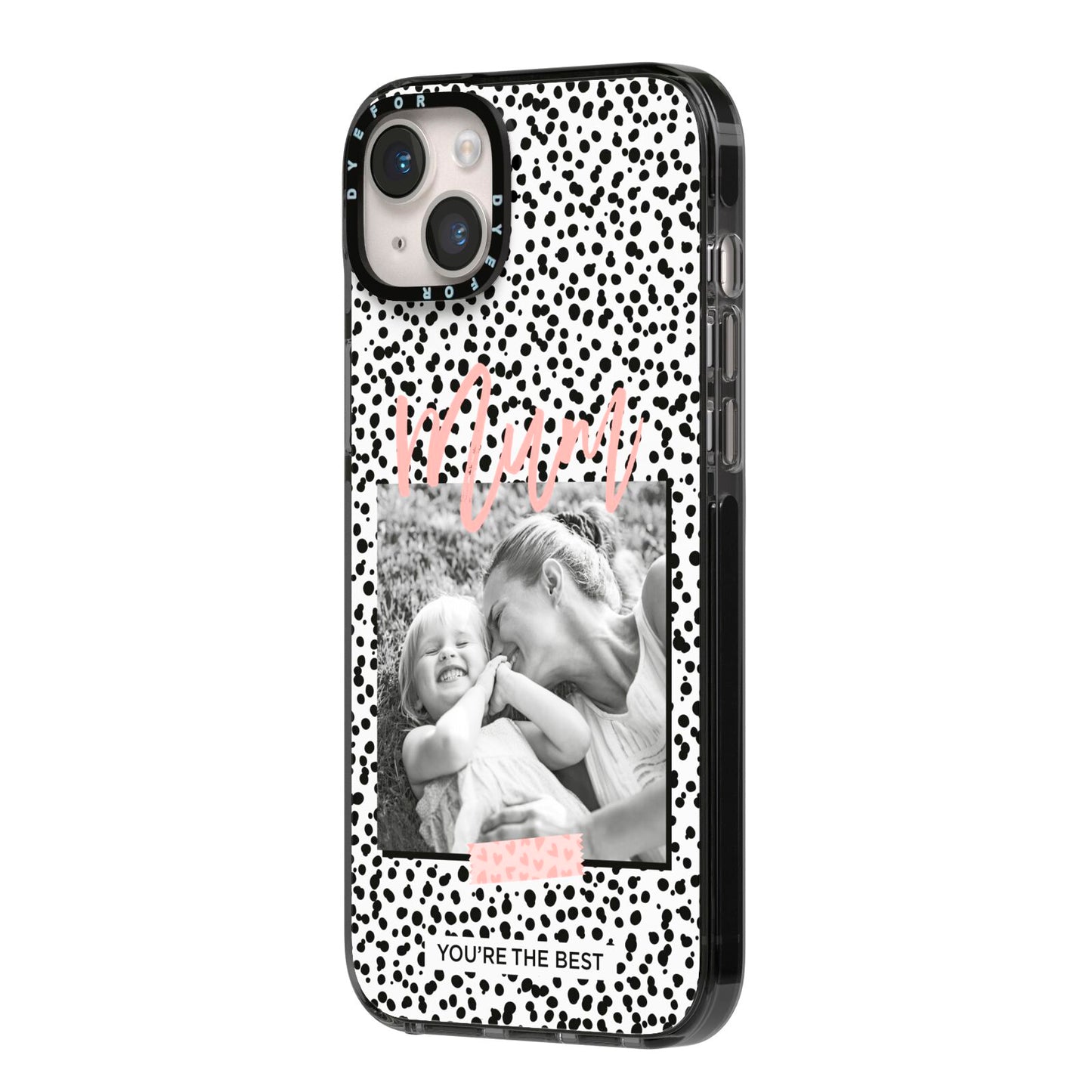 Polka Dot Mum iPhone 14 Plus Black Impact Case Side Angle on Silver phone