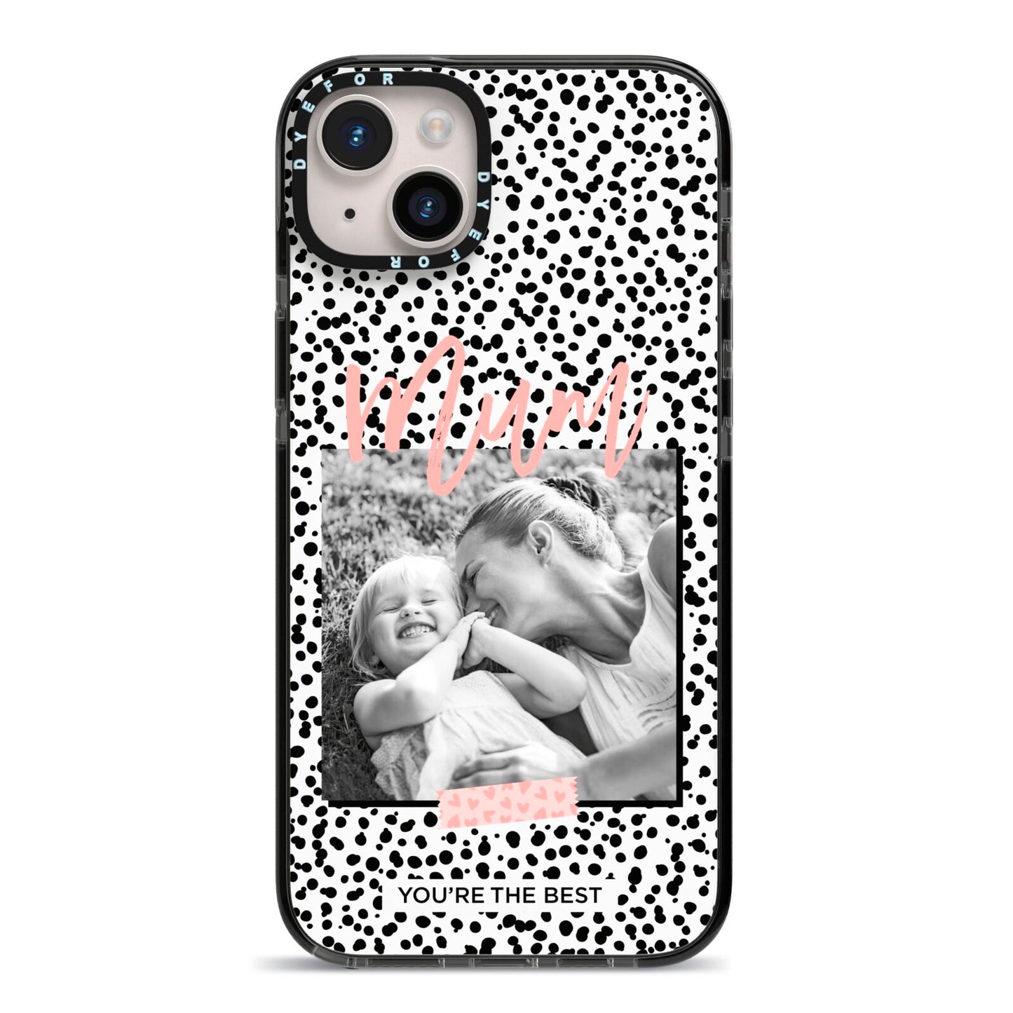 Polka Dot Mum iPhone 14 Plus Black Impact Case on Silver phone