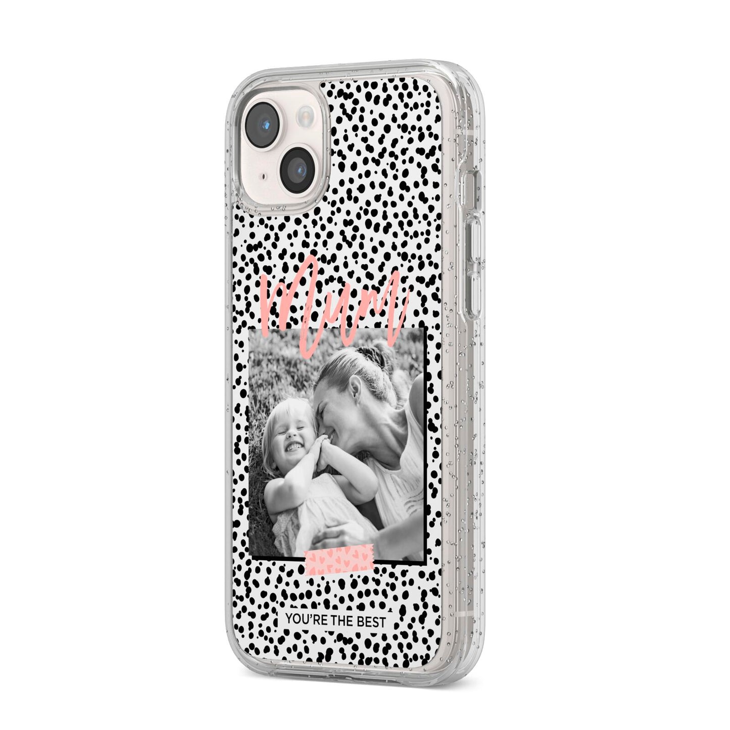 Polka Dot Mum iPhone 14 Plus Glitter Tough Case Starlight Angled Image