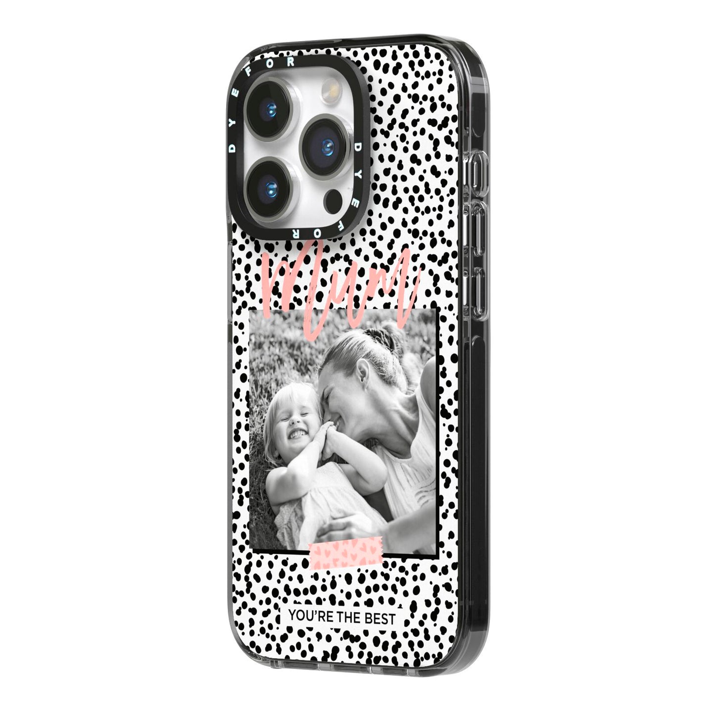 Polka Dot Mum iPhone 14 Pro Black Impact Case Side Angle on Silver phone