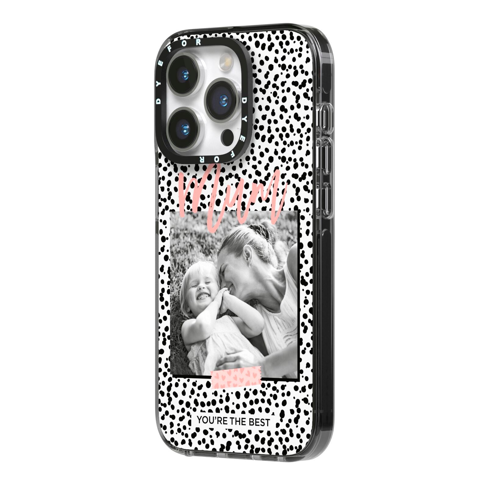 Polka Dot Mum iPhone 14 Pro Black Impact Case Side Angle on Silver phone