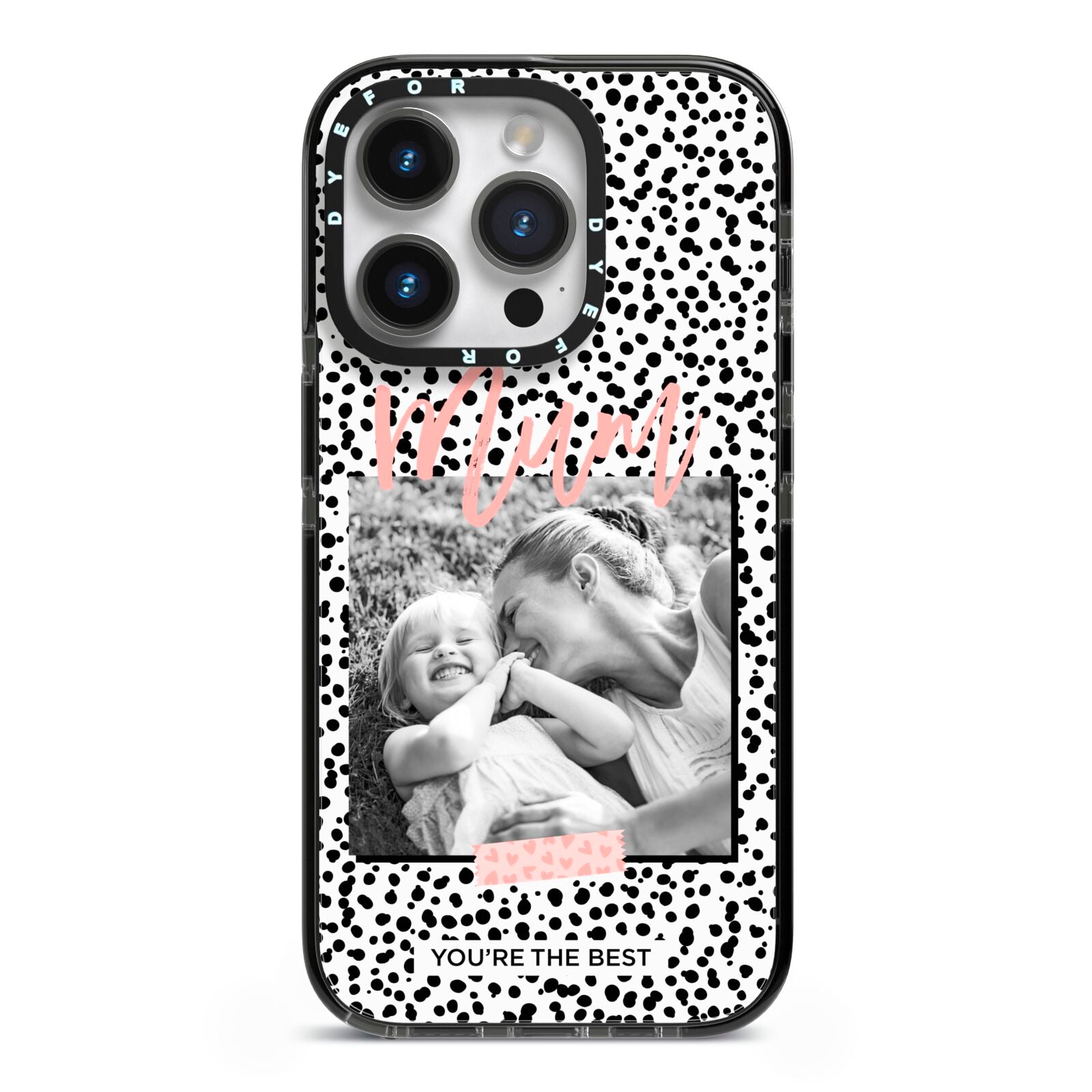 Polka Dot Mum iPhone 14 Pro Black Impact Case on Silver phone