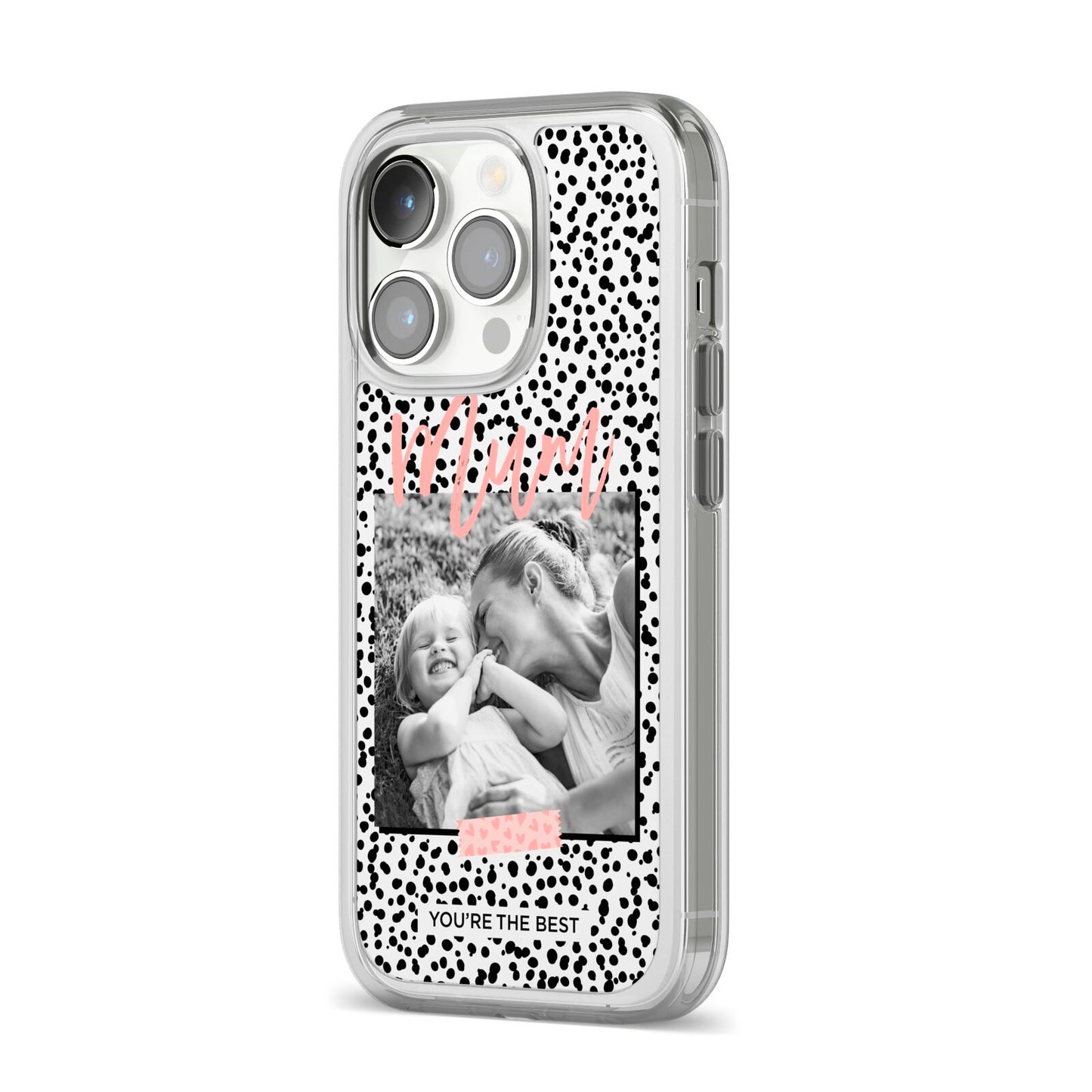 Polka Dot Mum iPhone 14 Pro Clear Tough Case Silver Angled Image