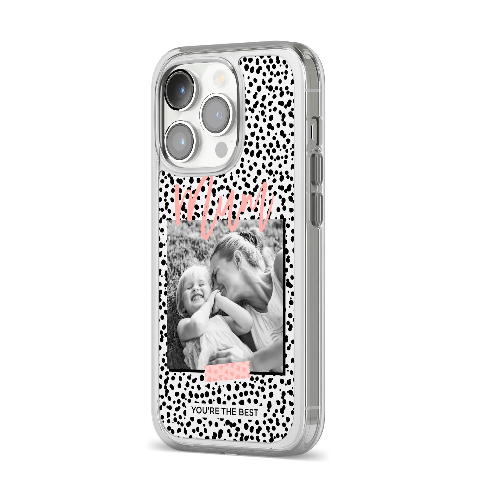 Polka Dot Mum iPhone 14 Pro Clear Tough Case Silver Angled Image