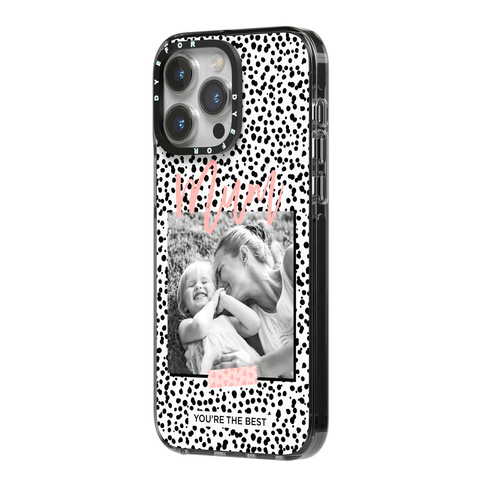 Polka Dot Mum iPhone 14 Pro Max Black Impact Case Side Angle on Silver phone