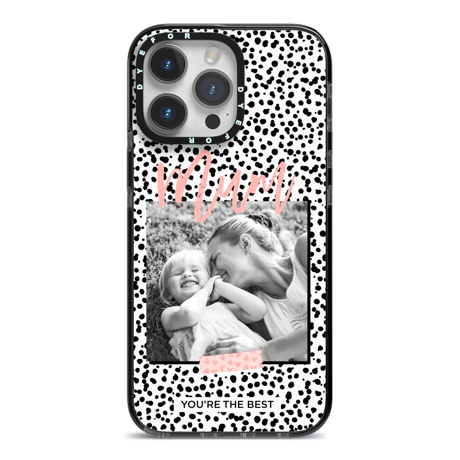 Polka Dot Mum iPhone 14 Pro Max Black Impact Case on Silver phone
