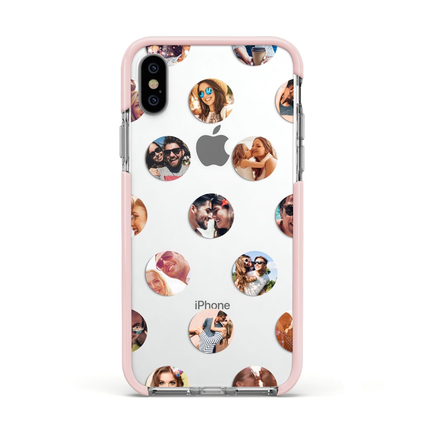 Polka Dot Photo Montage Upload Apple iPhone Xs Impact Case Pink Edge on Silver Phone