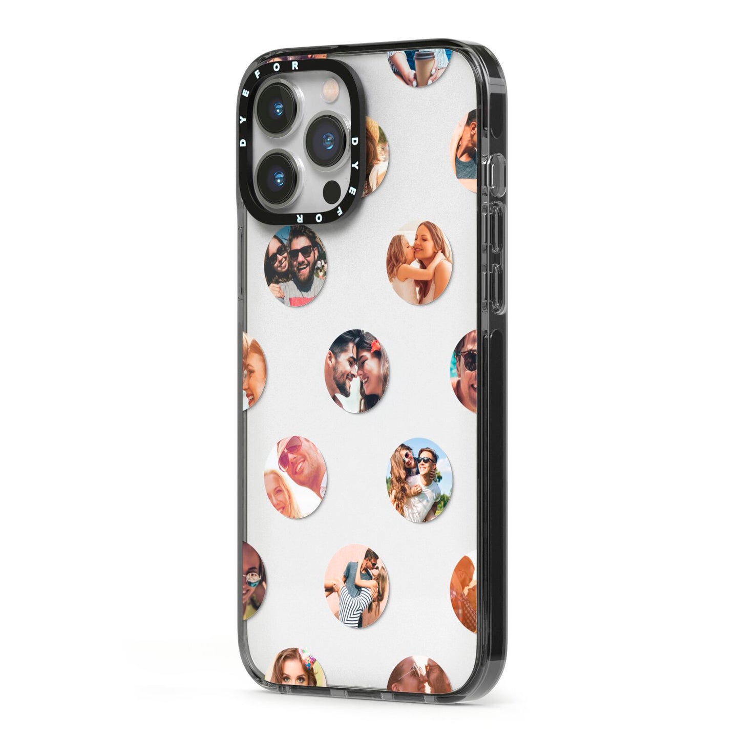 Polka Dot Photo Montage Upload iPhone 13 Pro Max Black Impact Case Side Angle on Silver phone