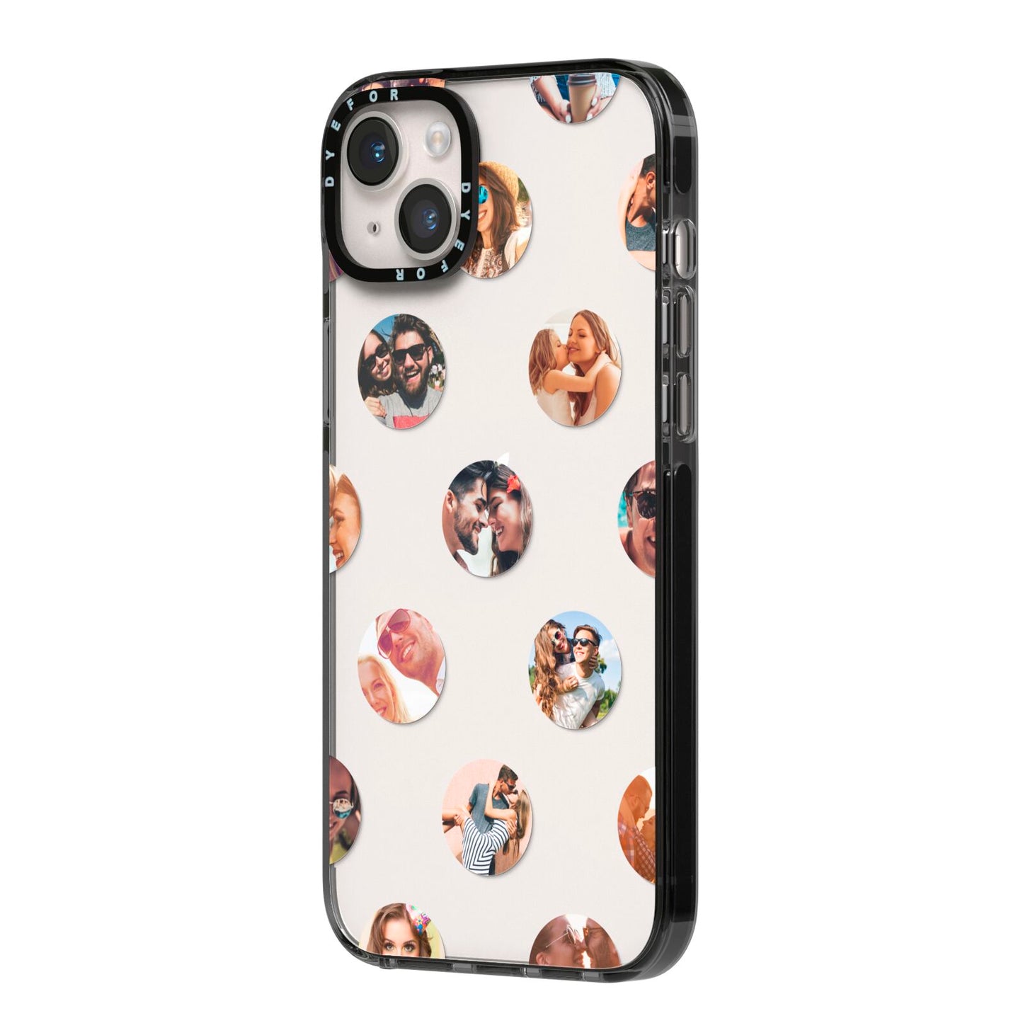 Polka Dot Photo Montage Upload iPhone 14 Plus Black Impact Case Side Angle on Silver phone