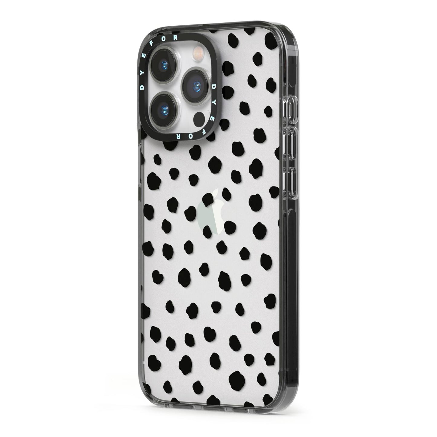 Polka Dot iPhone 13 Pro Black Impact Case Side Angle on Silver phone