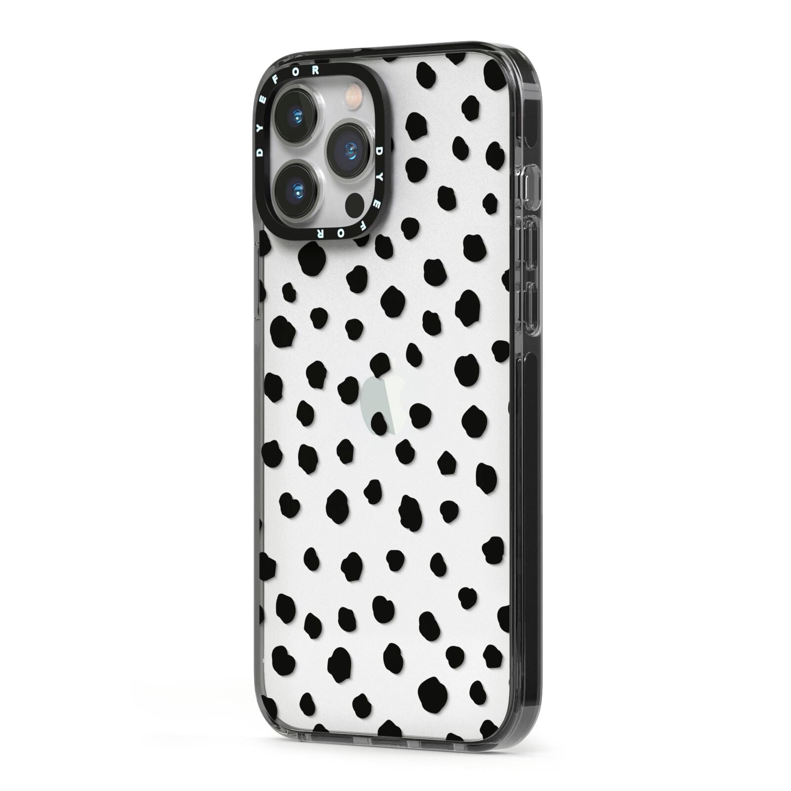 Polka Dot iPhone 13 Pro Max Black Impact Case Side Angle on Silver phone