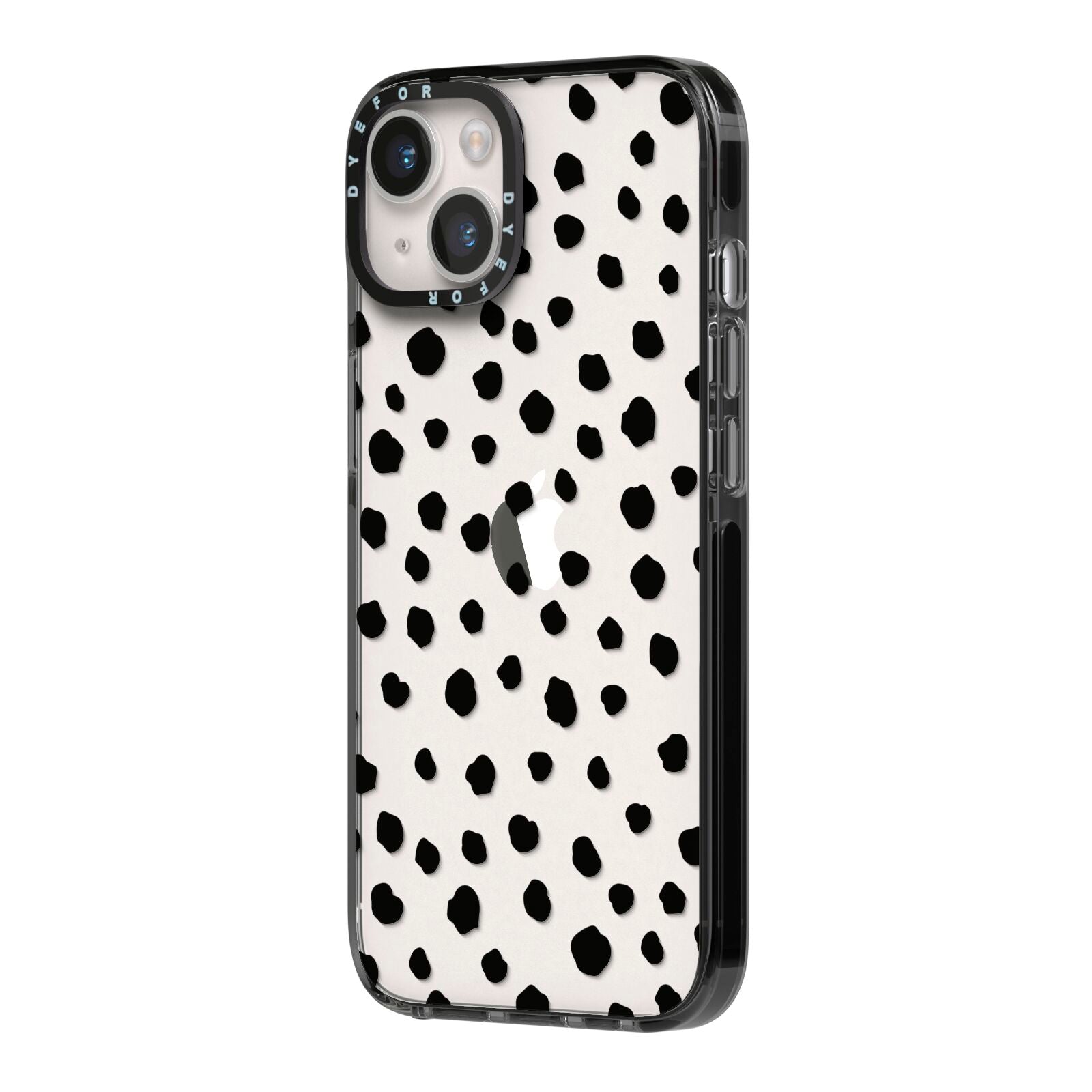 Polka Dot iPhone 14 Black Impact Case Side Angle on Silver phone
