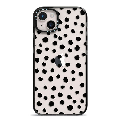 Polka Dot iPhone 14 Plus Black Impact Case on Silver phone